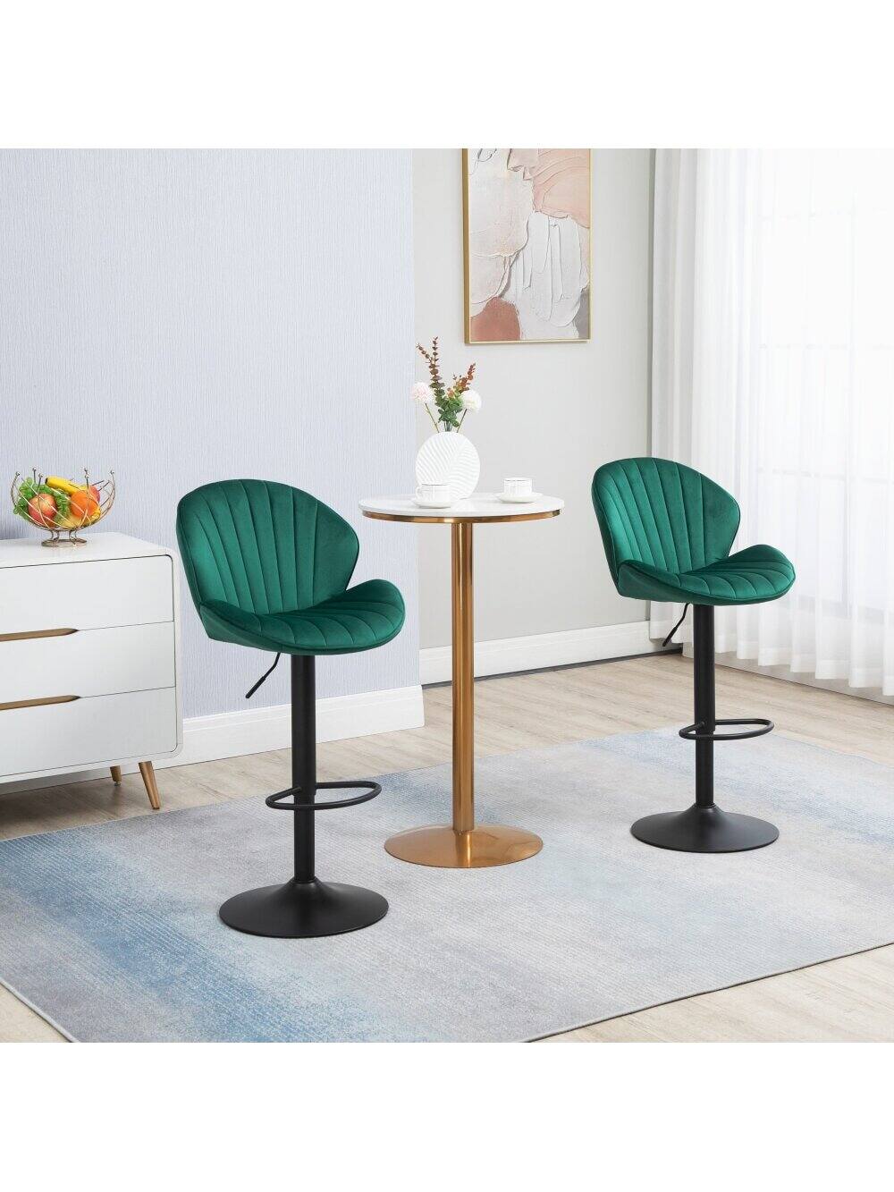 Back. Trinkets Crazed - Adjustable Swivel Gold Bar Stools Set Of 2, Counter Height With Backs, Velvet Island Chairs For Kitchen Home Decor - Green.