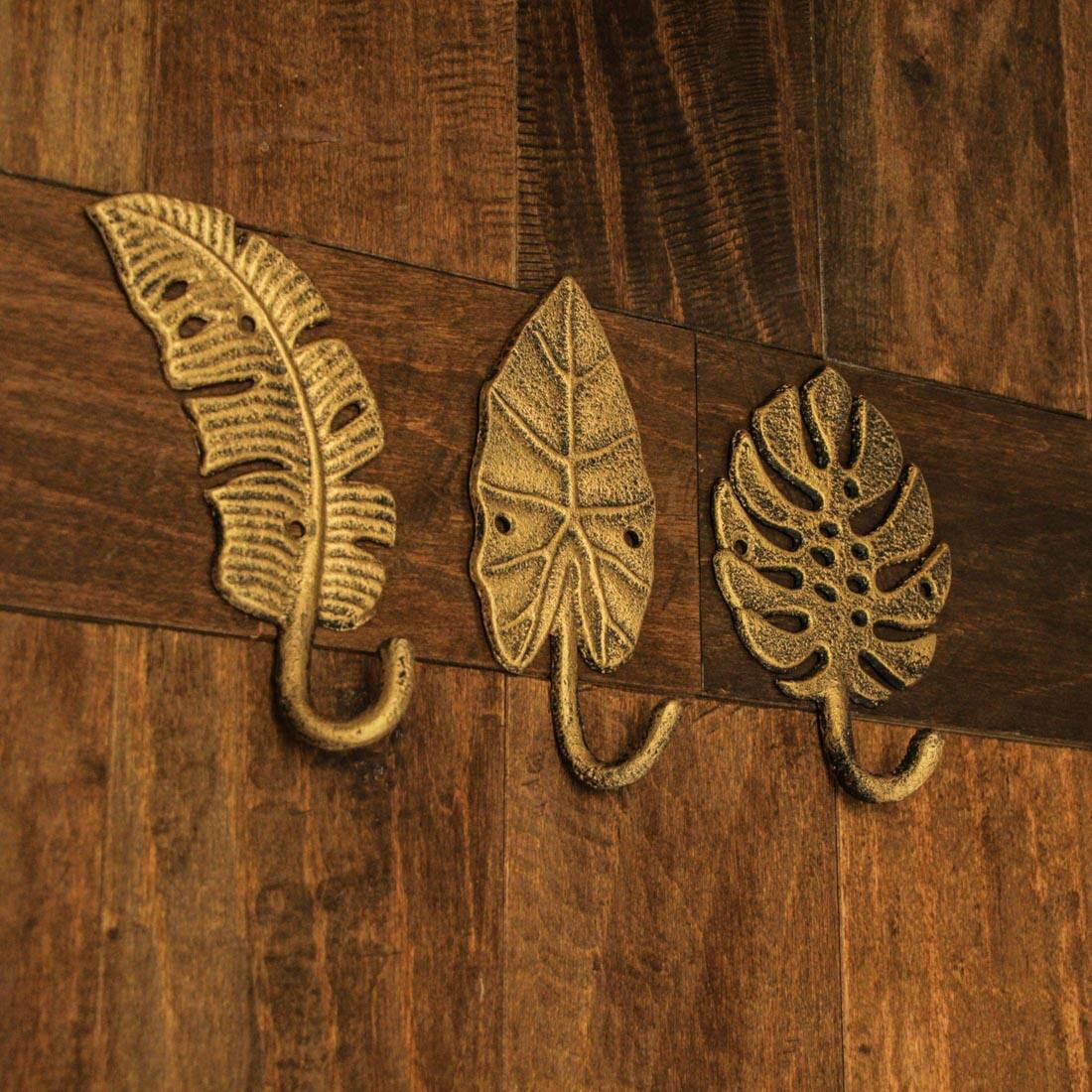 Alt View 4. Zeckos - Set of 3 Cast Iron Gold Tropical Leaf Decorative Wall Hooks Towel Hanger Rack - Gold.