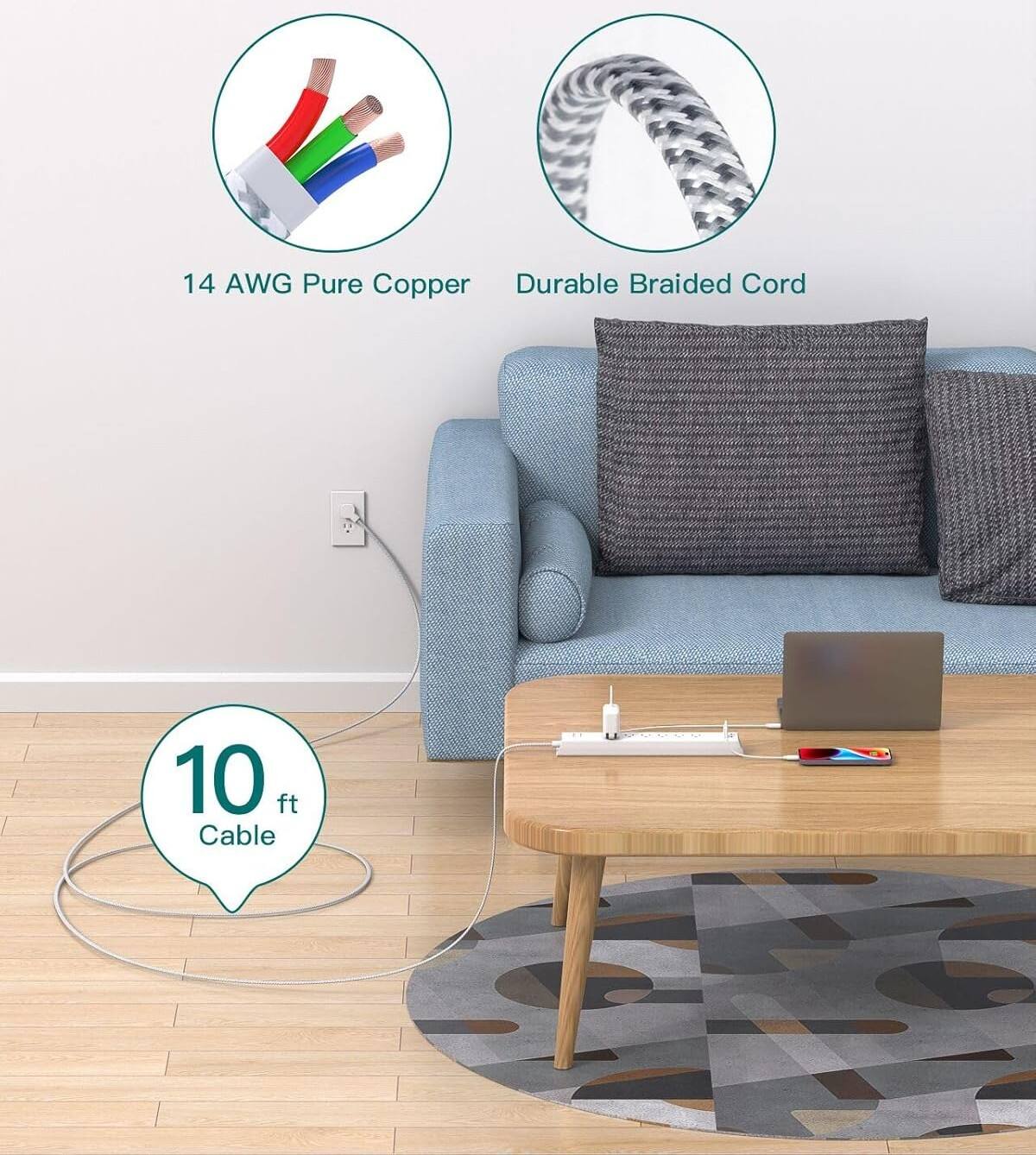 14 AWG Pure Copper Durable Braided Cord 10 ft Cable