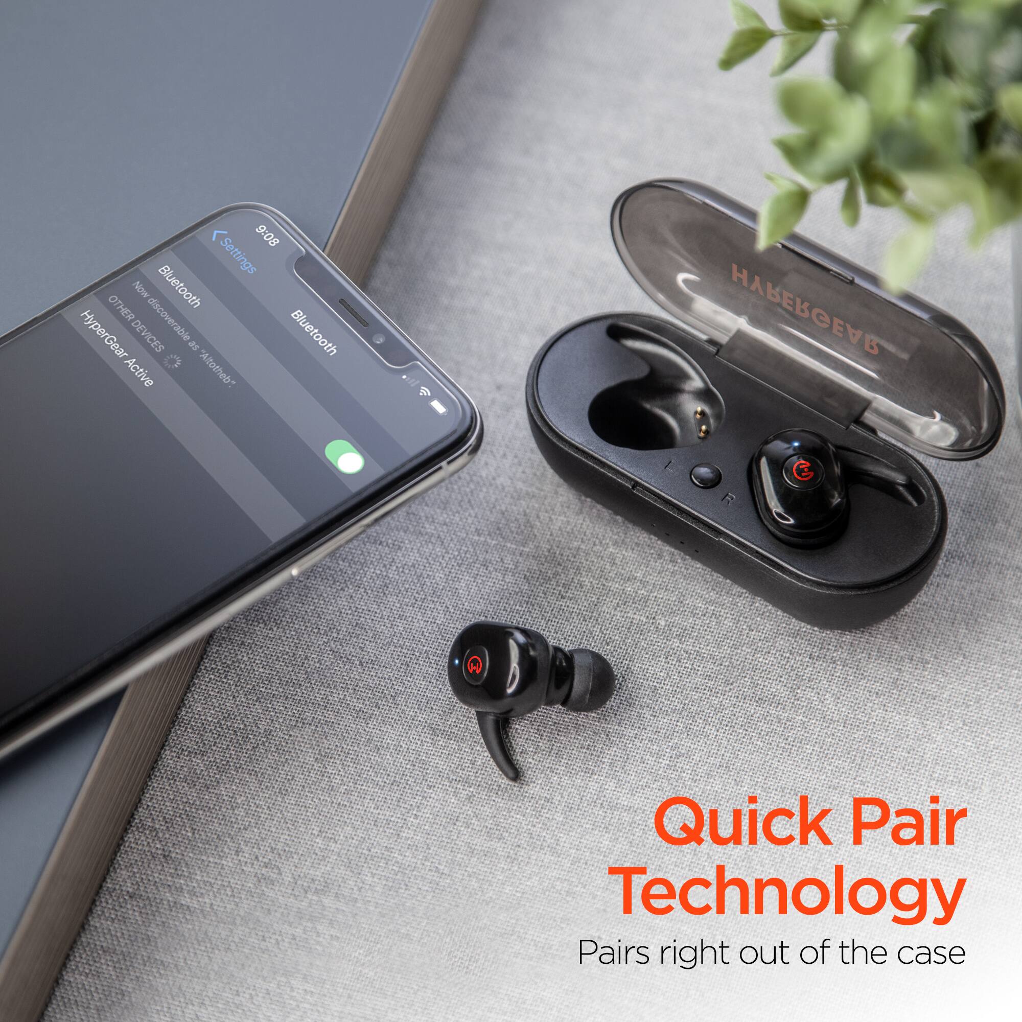 9:08 Settings  
OTHER  
Now Bluetooth HyperGear DEVICES discoverable  
Bluetooth as Active "Attotheb" | R G  

Quick Pair Technology  
Pairs right out of the case