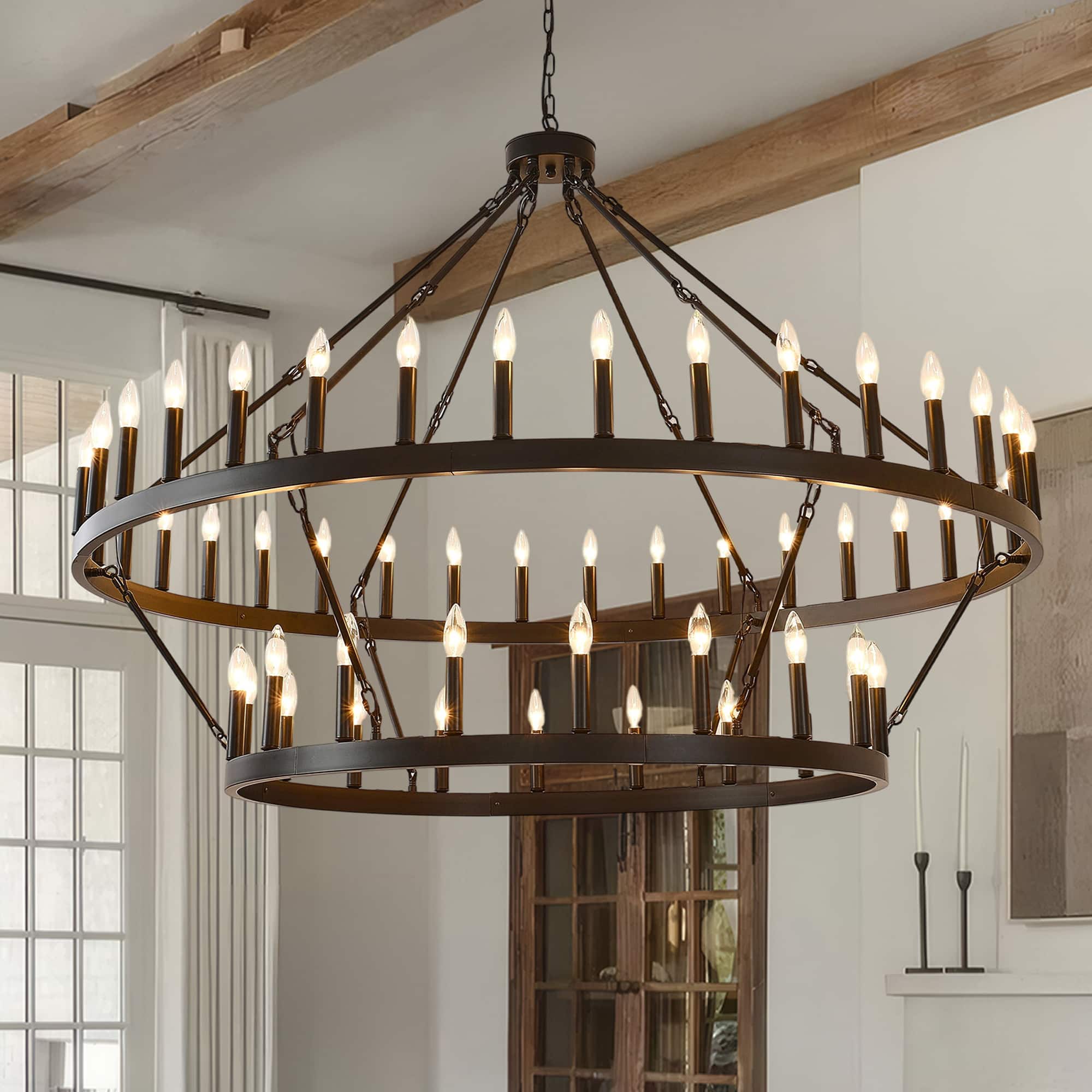 Front. RYHNUYNE - 60 Inch Black Extra Large Wagon Wheel Chandelier – 2-Tier 54-Light Farmhouse Industrial Pendant Light for High Ceilings - Black.