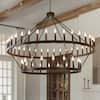Front. RYHNUYNE - 60 Inch Black Extra Large Wagon Wheel Chandelier – 2-Tier 54-Light Farmhouse Industrial Pendant Light for High Ceilings - Black.