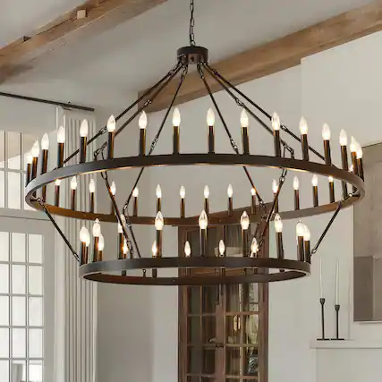 Front. RYHNUYNE - 60 Inch Black Extra Large Wagon Wheel Chandelier – 2-Tier 54-Light Farmhouse Industrial Pendant Light for High Ceilings - Black.