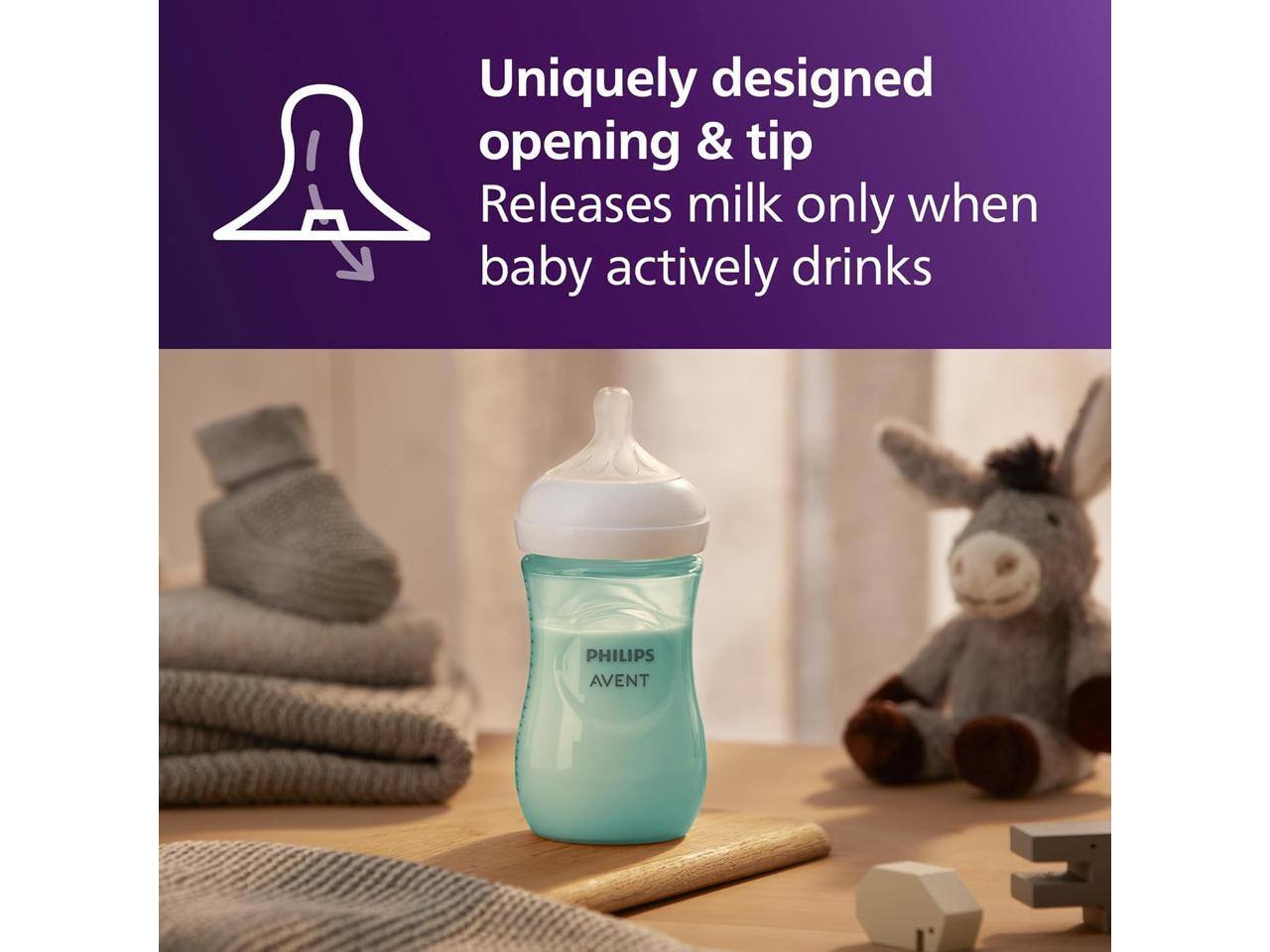 Uniquely designed opening & tip  
Releases milk only when baby actively drinks  

PHILIPS AVENT