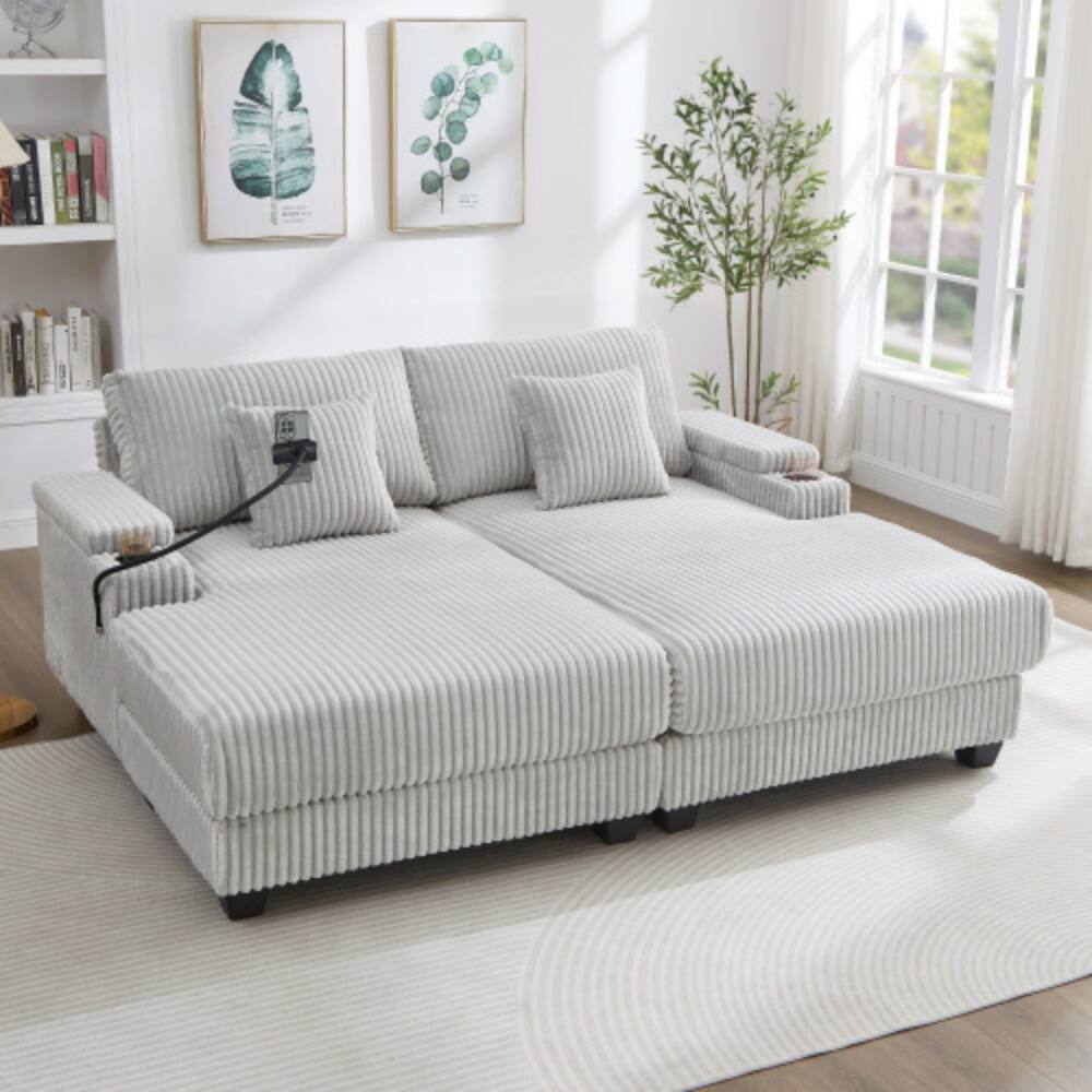 Angle. LUCKY ONE - 75.5" Modern Chaise Lounge Sofa Loveseat w/ Adjustable Backrest Storage Cup Holders - LIGHT GREY.
