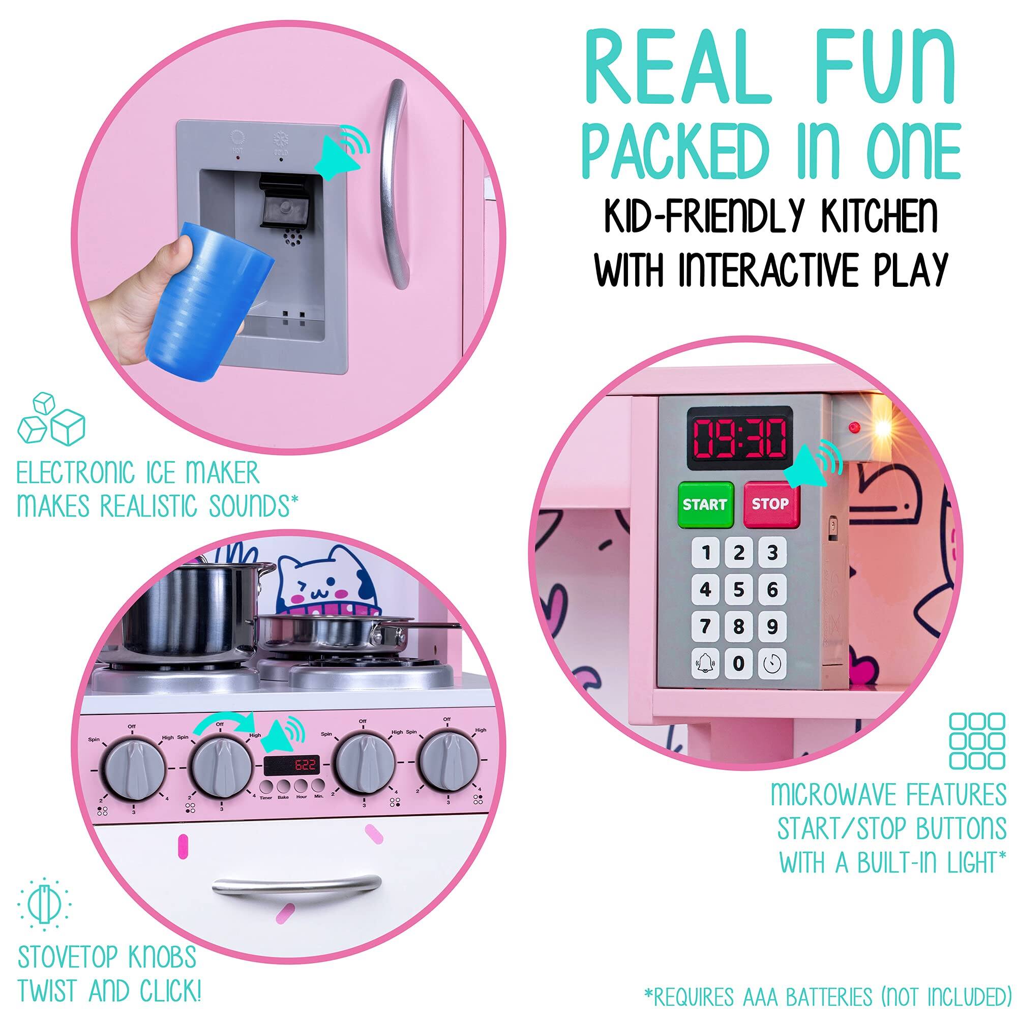 REAL FUN PACKED IN ONE KID-FRIENDLY KITCHEN WITH INTERACTIVE PLAY

ELECTRONIC ICE MAKER MAKES REALISTIC SOUNDS*

STOVETOP KNOBS TWIST AND CLICK!

MICROWAVE FEATURES START/STOP BUTTONS WITH A BUILT-IN LIGHT*

*REQUIRES AAA BATTERIES (NOT INCLUDED)
