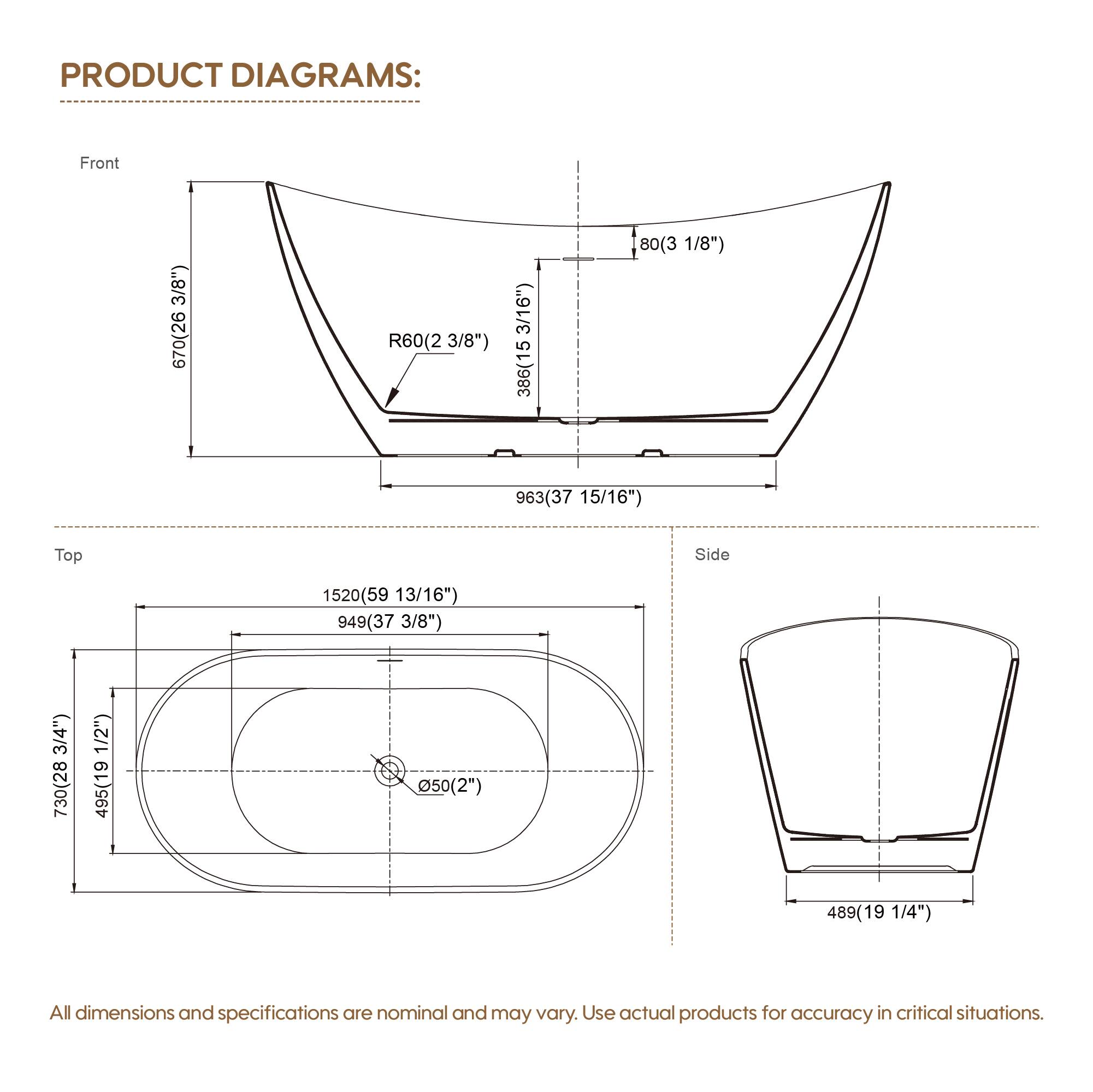 PRODUCT DIAGRAMS:

Front
- 670(26 3/8")
- R60(2 3/8")
- 386(15 15/16")
- 963(37 1/8")

Top
- 1520(59 13/16")
- 949(37 3/8")
- 730(28 1/2")
- 495(19 1/4")
- 050(2")
- 489(19 1/4")

Side
- 80(3 1/8")
- 489(19 1/4")

All dimensions and specifications are nominal and may vary. Use actual products for accuracy in critical situations.