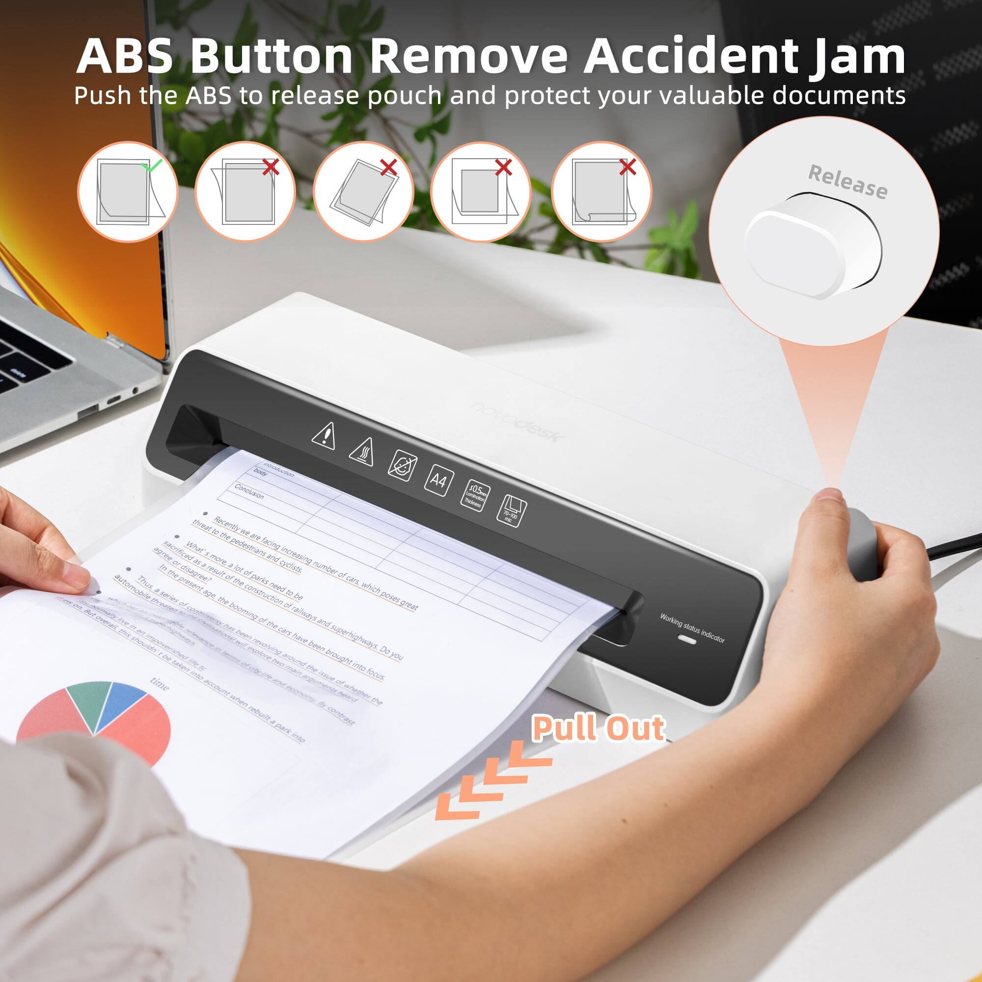 ABS Button Remove Accident Jam  
Push the ABS to release pouch and protect your valuable documents  

Release  
Pull Out