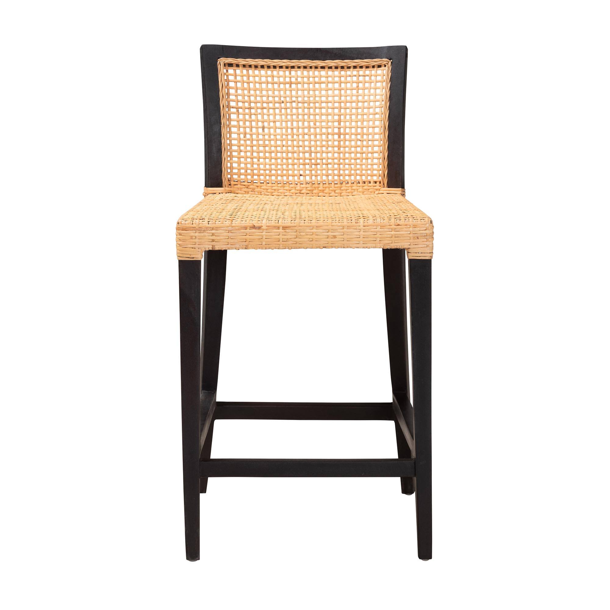 Angle. bali & pari - Lingga Modern Bohemian Mahogany Wood and Natural Rattan Counter Stool - Dark Brown/Natural Brown.