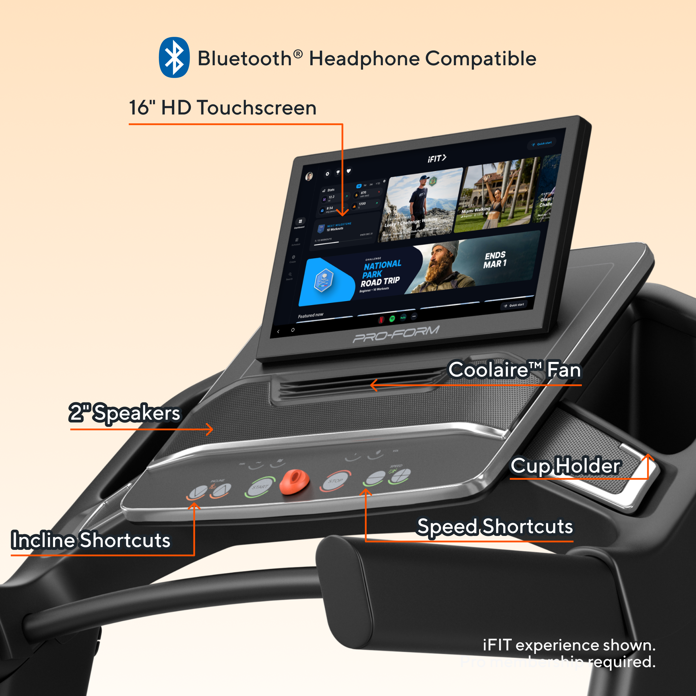 Bluetooth® Headphone Compatible  
16" HD Touchscreen  
2" Speakers  
Coolaire™ Fan  
Cup Holder  
Incline Shortcuts  
Speed Shortcuts  
iFIT experience shown. Internet required.  
NATIONAL PARK ROAD TRIP  
ENDS MAR 1