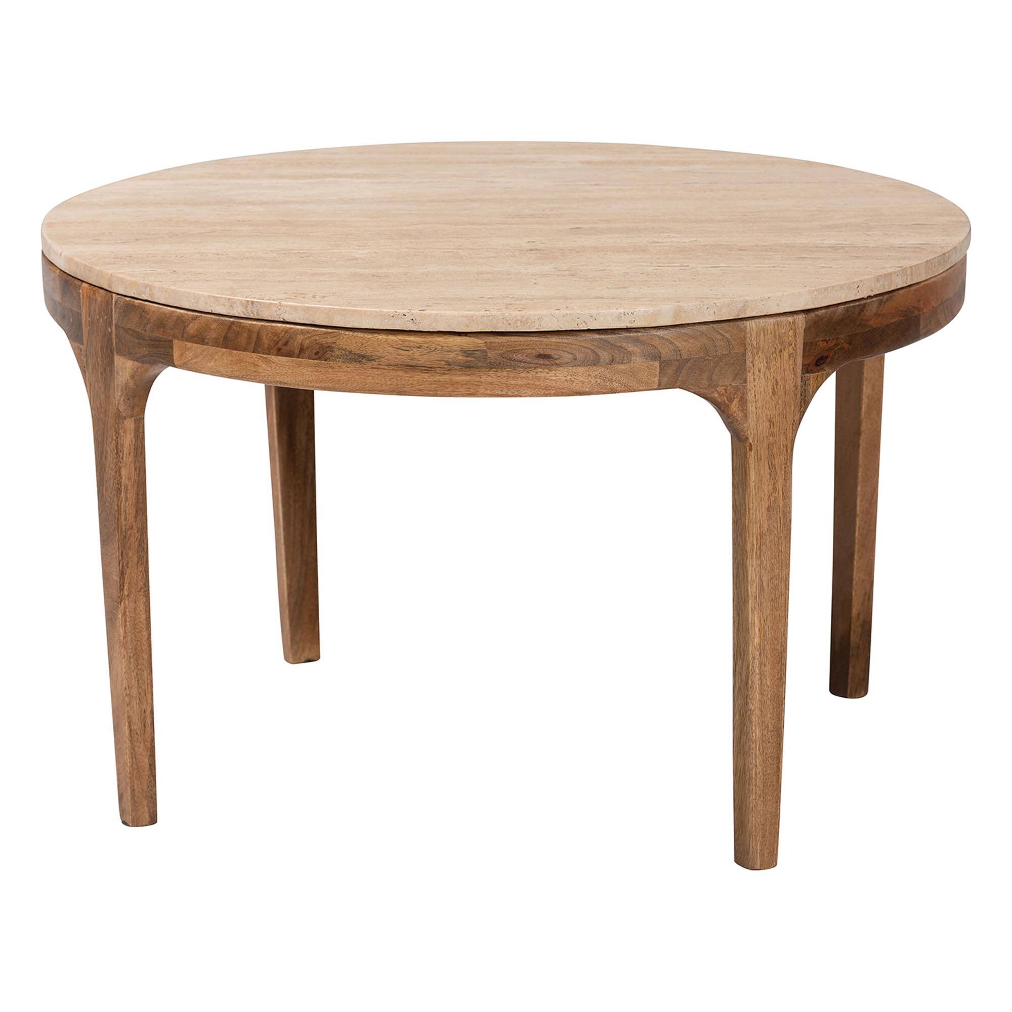 Front. Baxton Studio - Prospero Round Travertine Coffee Table - Modern Accent Table with Mango Wood Frame for Living Room or Seating Areas - Travertine/Walnut Brown.