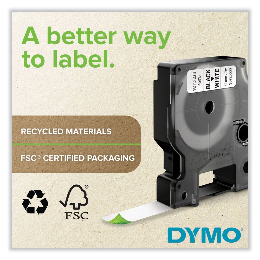 A better way to label.

RECYCLED MATERIALS

FSC® CERTIFIED PACKAGING

1/2 in x 23 ft 45013 BLACK WHITE 12 12mm x 7m S0720530

DYMO