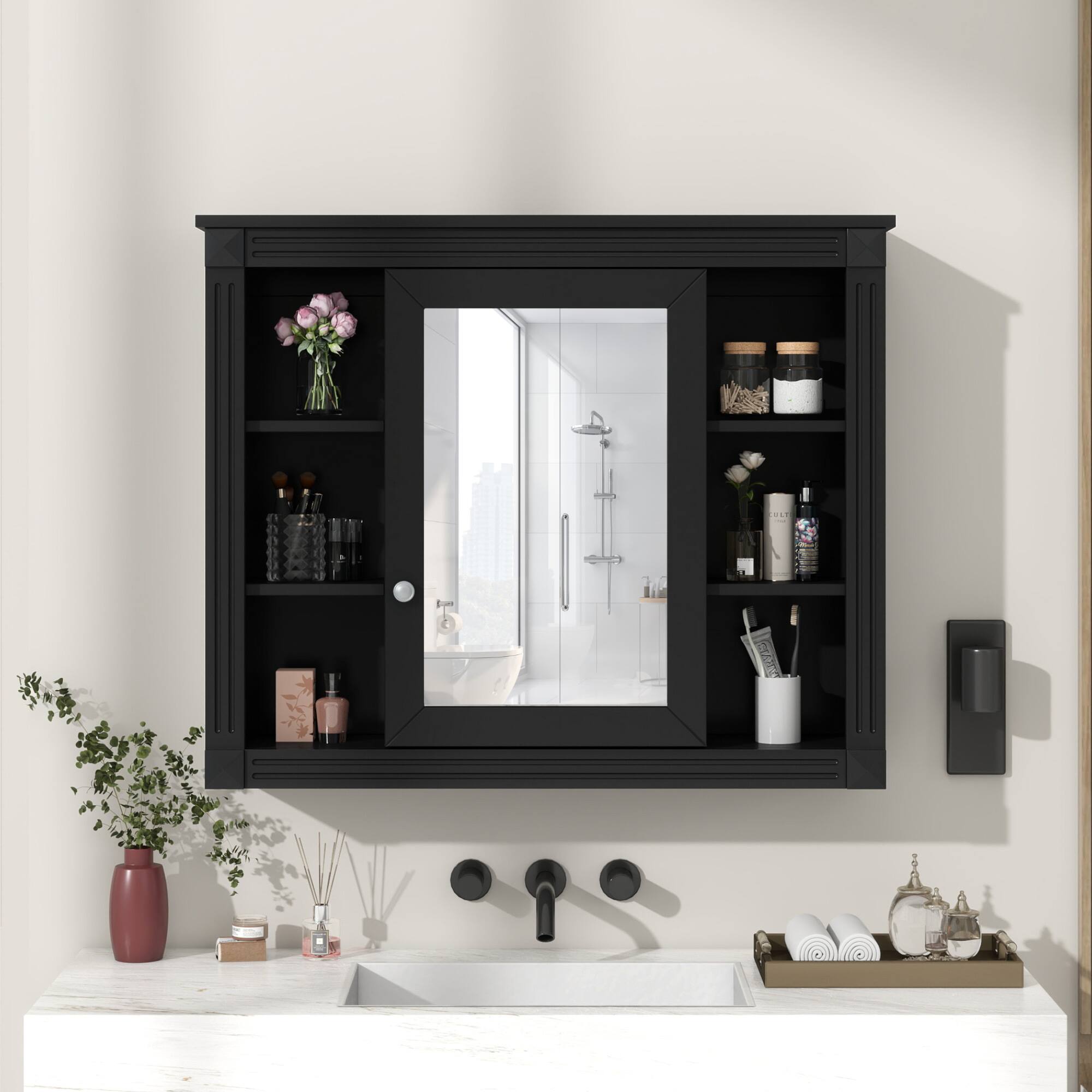 Front. APRILSOUL - 35'' x 28'' Wall Mounted Bathroom Storage Cabinet Medicine Cabinet - Black.