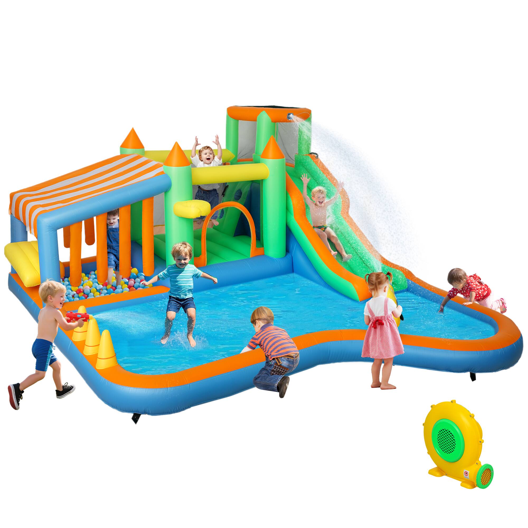 Qaba - Inflatable Water Slide, Large Splash Pool, 680W Blower, Ball Pit, Water Cannon, Climbing Wall, Toss Ring