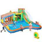 Front. Qaba - Inflatable Water Slide, Large Splash Pool, 680W Blower, Ball Pit, Water Cannon, Climbing Wall, Toss Ring.