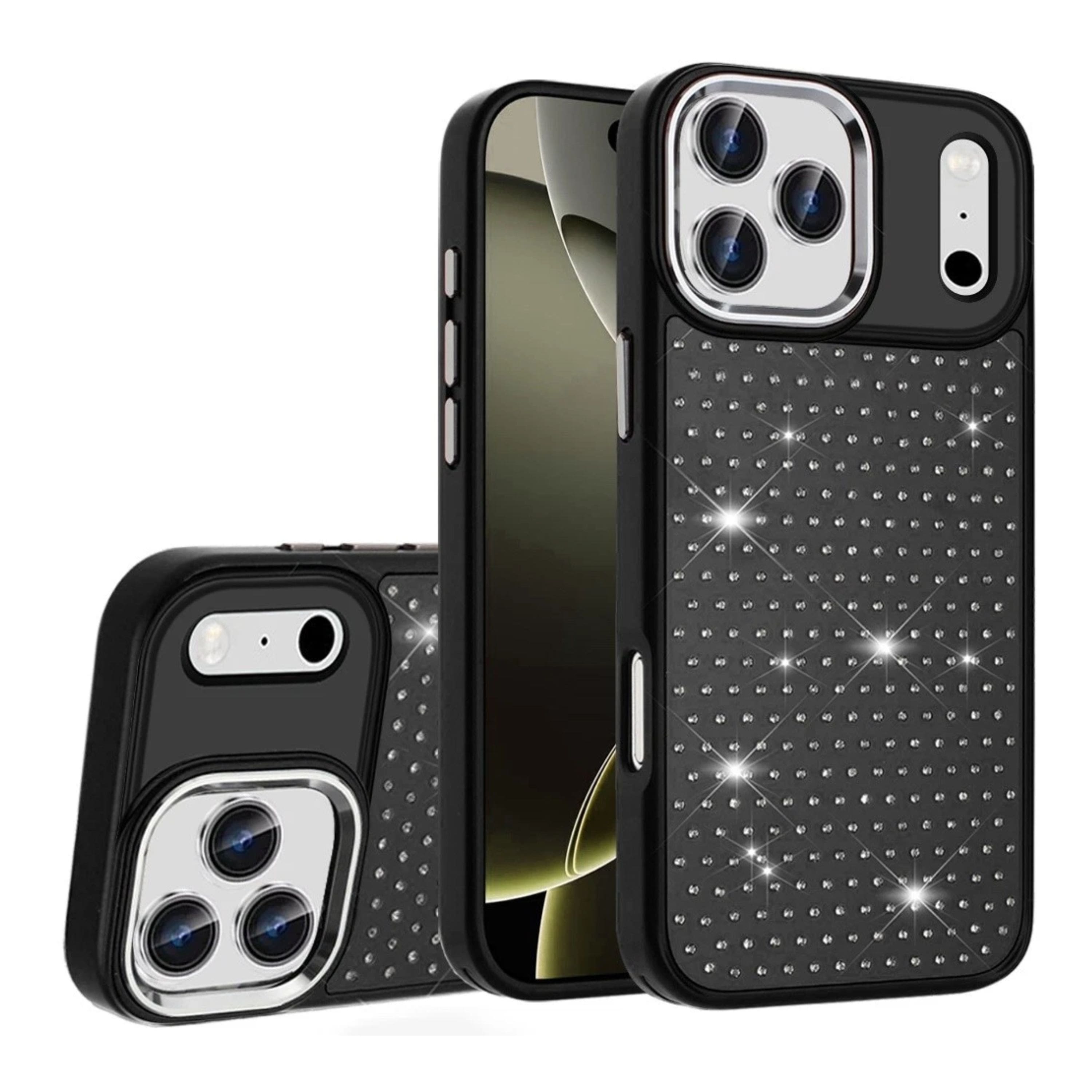 Kitcheniva - Faux Crystals Chrome Plated Phone Case With Tempered Glass For iPhone 17 Pro - Black