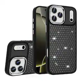 Kitcheniva - Faux Crystals Chrome Plated Phone Case With Tempered Glass For iPhone 17 Pro - Black