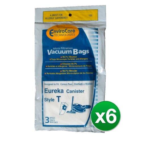 A MUST FOR ALLERGY SUFFERERS!!  
133 EnviroCore TECHNOLOGIES Micro Filtration Vacuum Bags  
99.7% Filtration Traps Microscopic Particles and Allergens  
Filtración 99.7% Partículas y Alergénicos Microscópicos de Plagas  
99,7% Filtración Partículas Alergénicos Microscópicos de los Desvios  
Designed to Fit: Conçu Pour: Diseñado a Medida  
Eureka Canister Style T  
3 BAGS SACS BOLSAS x6