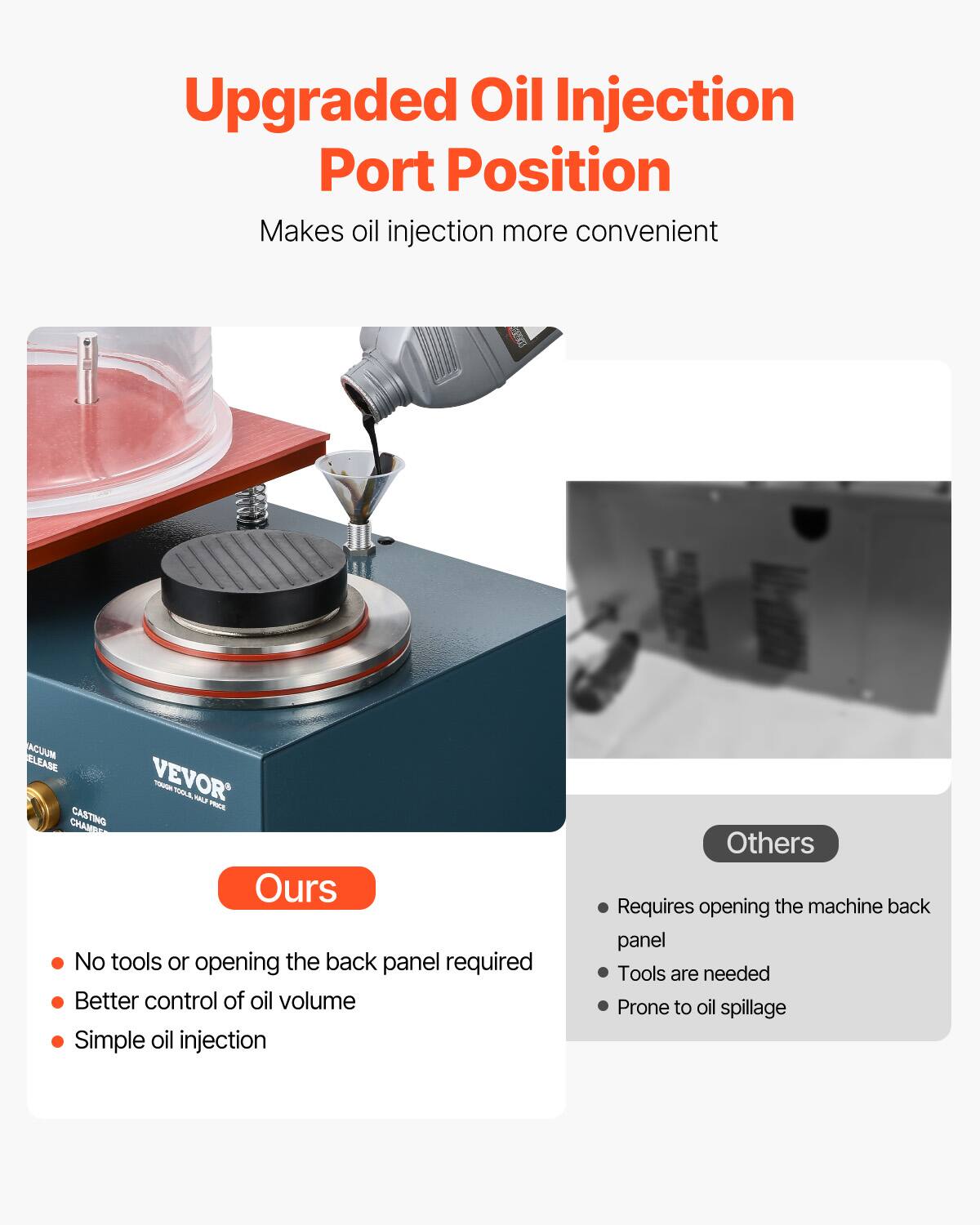 Upgraded Oil Injection Port Position Makes oil injection more convenient

CASE
ACUUM ELEASE VEVOR TOOLS CHF. NICL CHAMPE CASTING

Ours
- No tools or opening the back panel required
- Better control of oil volume
- Simple oil injection

Others
- Requires opening the machine back panel
- Tools are needed
- Prone to oil spillage