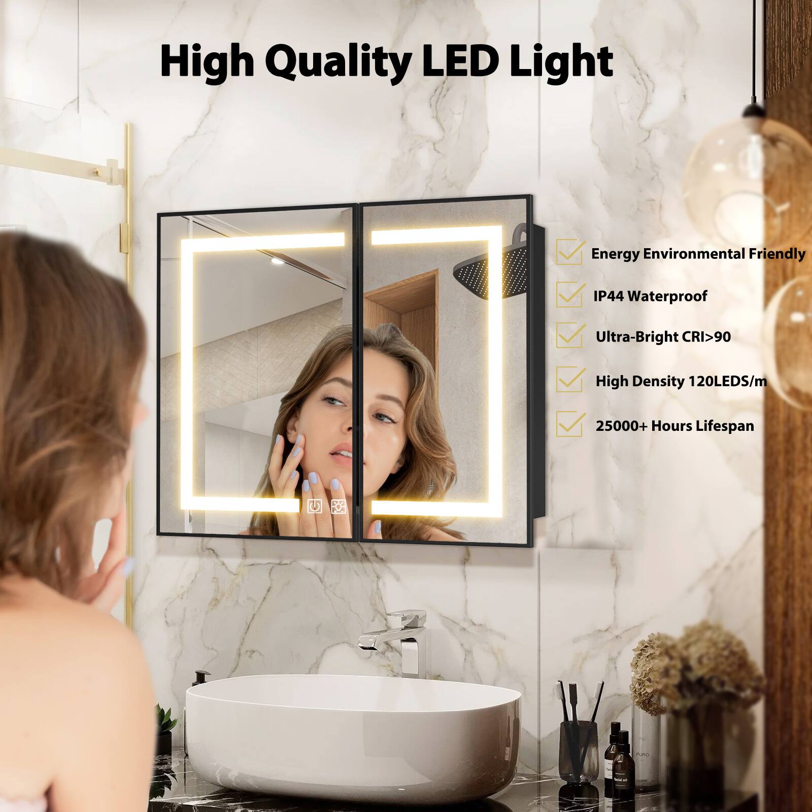 Left. LOVMOR - LOVMOR 40x32 in. Surface Mount Silver Steel Double Door Tempered Glass Medicine Cabinet with Soft Close Mirrors - Silver.