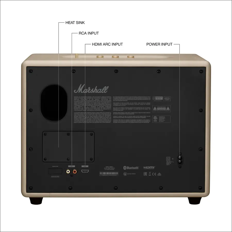 The text on the image reads:

HEAT SINK RCA INPUT HDMI ARC INPUT POWER INPUT Marshall SAFEIT Bluetooth HOM EAL CE