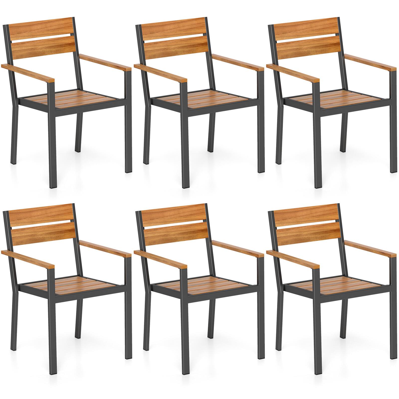 Alt View 5. Gymax - Gymax Patio Dining Chair set of 6 w/ Heavy-duty Metal Frame 6 Acacia Armrest Stackable Chairs - Brown, Black.
