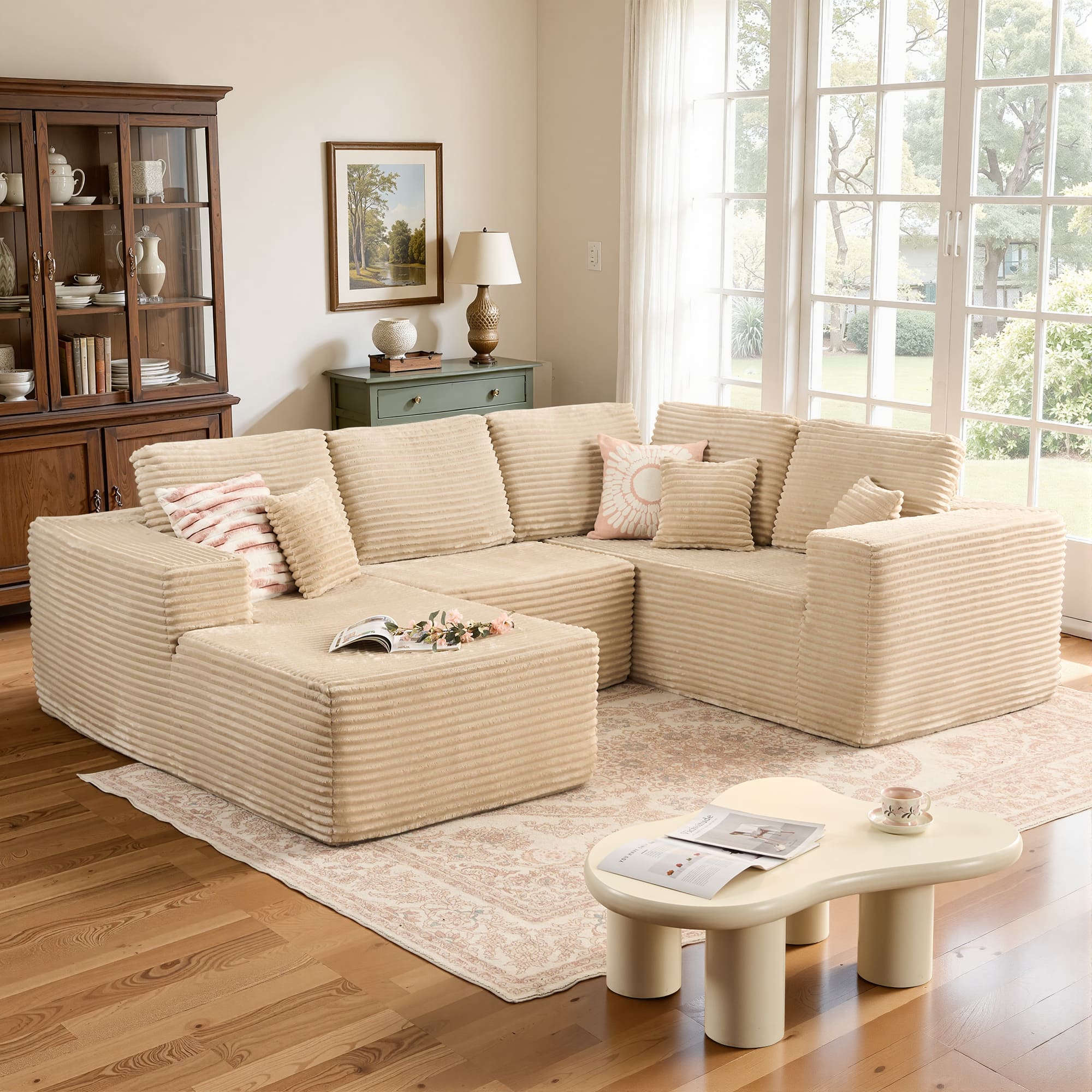 Ovios - 110" Modular Sectional Sofa, U Shaped Cloud Couch with Chaise Lounge for Living Room - Beige(K11)