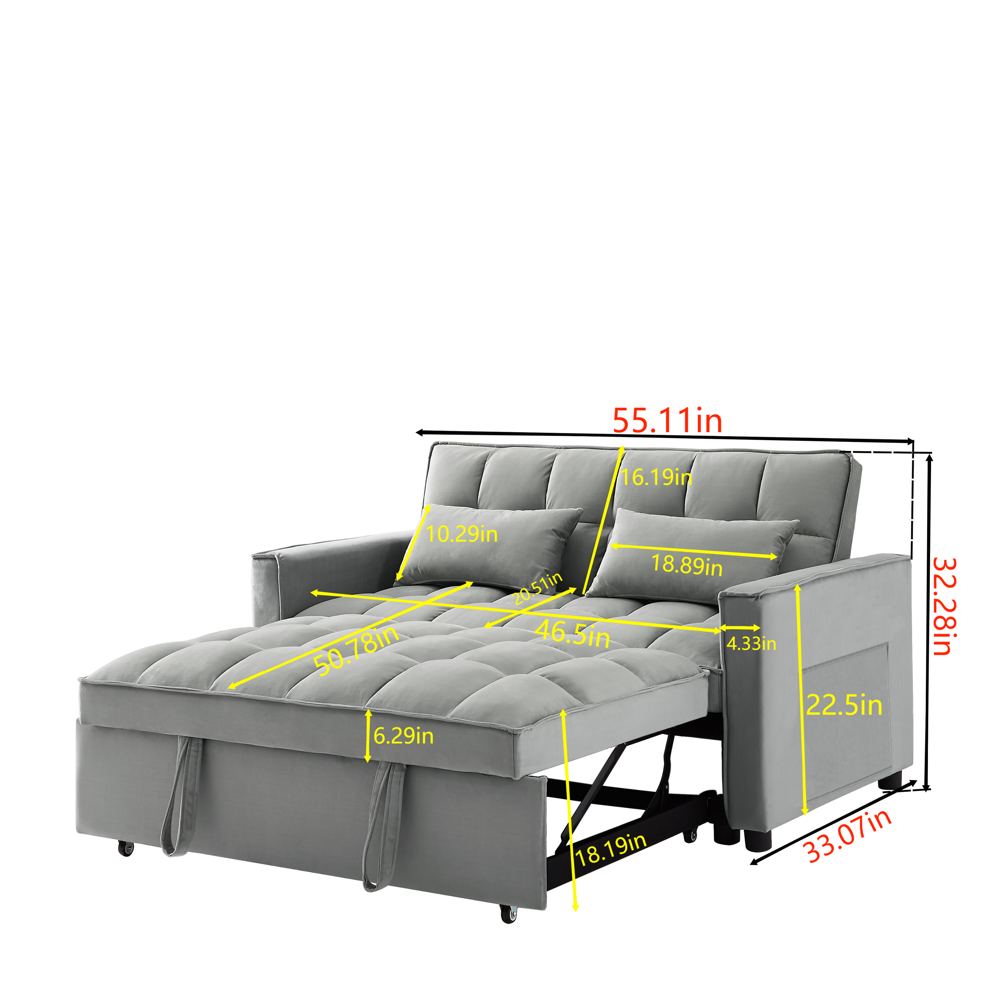 Here are the measurements grouped and corrected from the image:

- **Width:** 55.11 in
- **Depth:** 33.07 in
- **Height:** 32.28 in
- **Seat Height:** 18.19 in
- **Back Height:** 16.19 in
- **Arm Height:** 18.89 in
- **Arm Depth:** 4.33 in
- **Seat Depth:** 22.5 in
- **Seat Width:** 50.78 in
- **Back Width:** 20.51 in
- **Arm Width:** 10.29 in
- **Leg Height:** 6.29 in