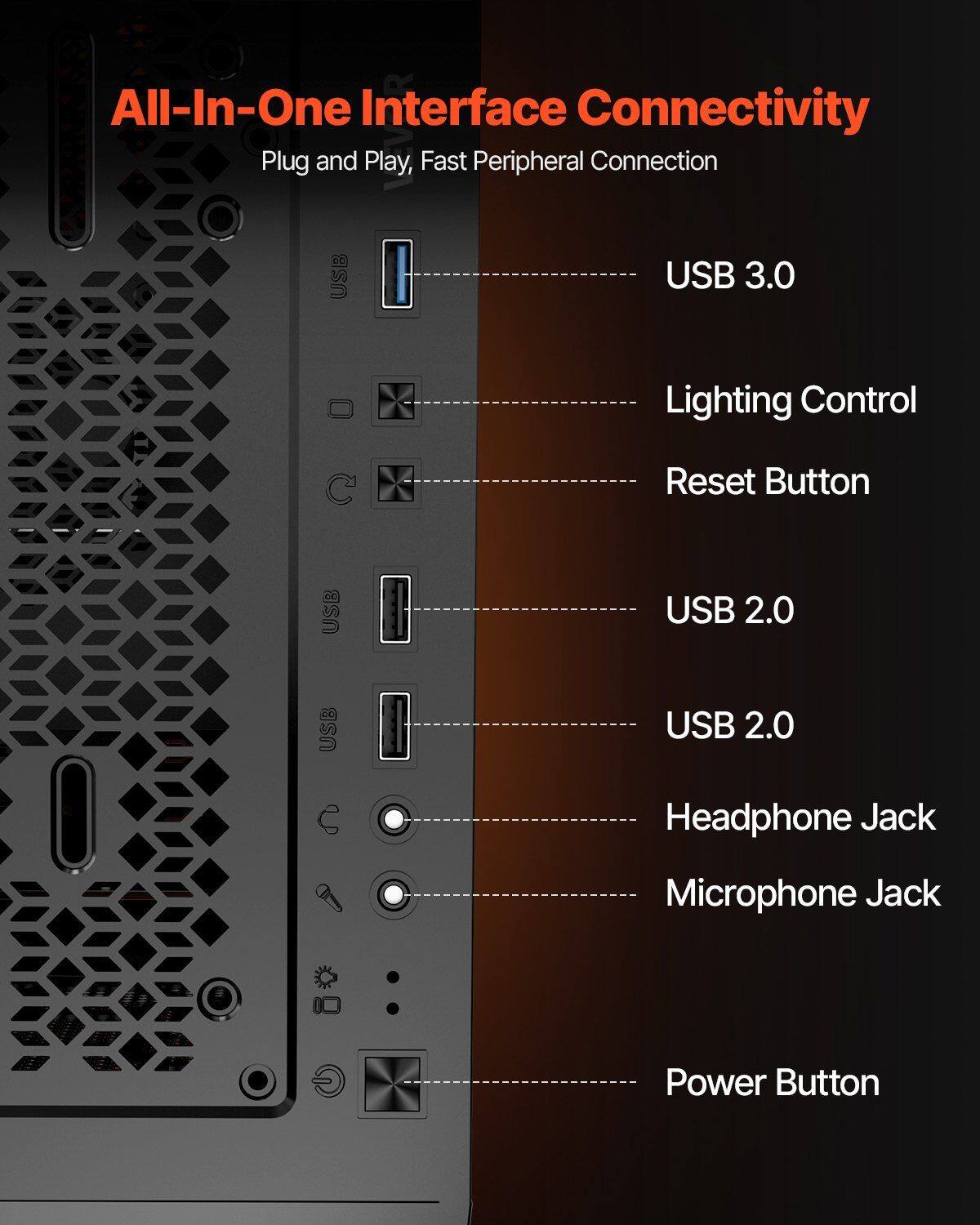All-In-One Interface Connectivity  
Plug and Play, Fast Peripheral Connection  

- USB 3.0  
- Lighting Control  
- Reset Button  
- USB 2.0  
- USB 2.0  
- Headphone Jack  
- Microphone Jack  
- Power Button