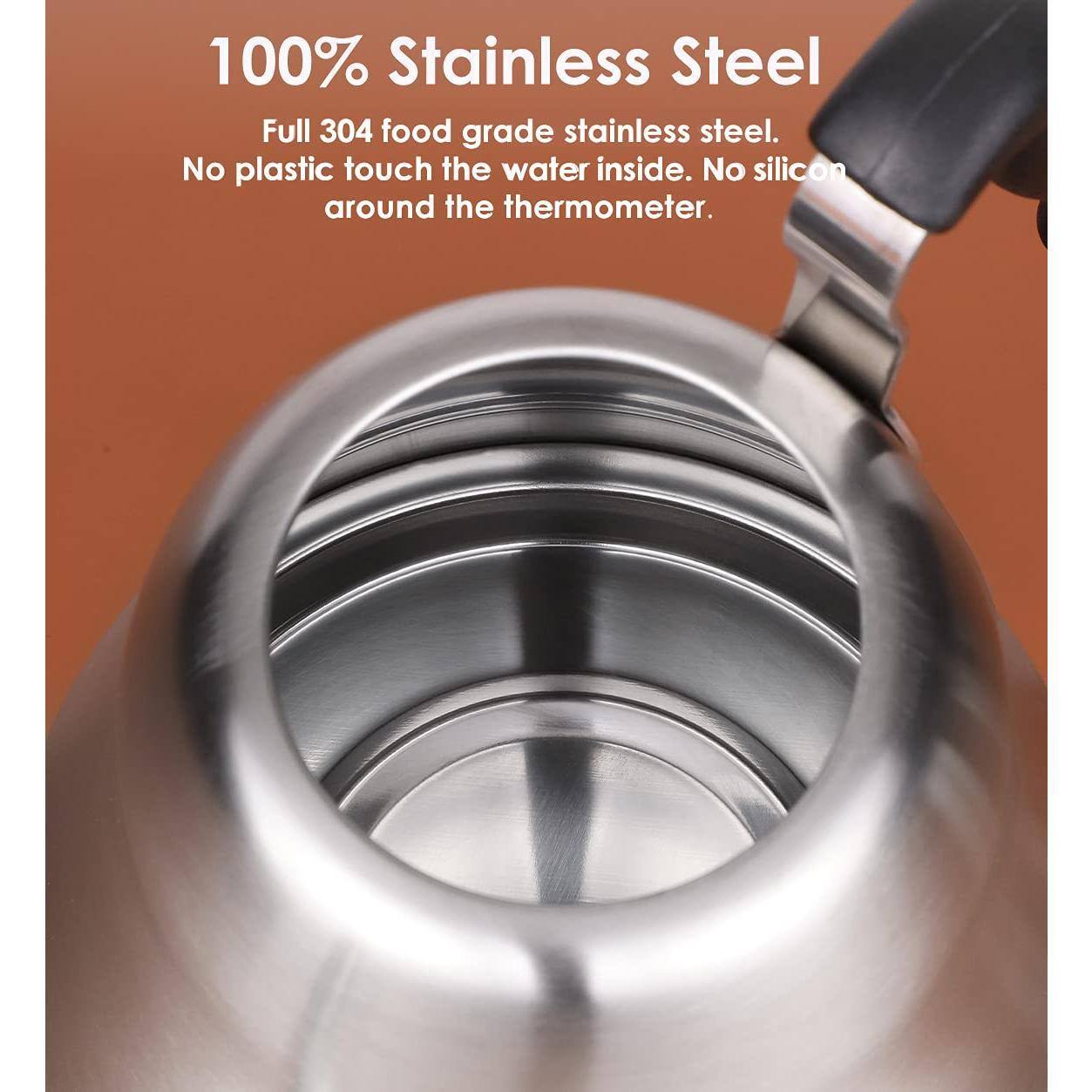 100% Stainless Steel  
Full 304 food grade stainless steel.  
No plastic touch the water inside. No silicone around the thermometer.