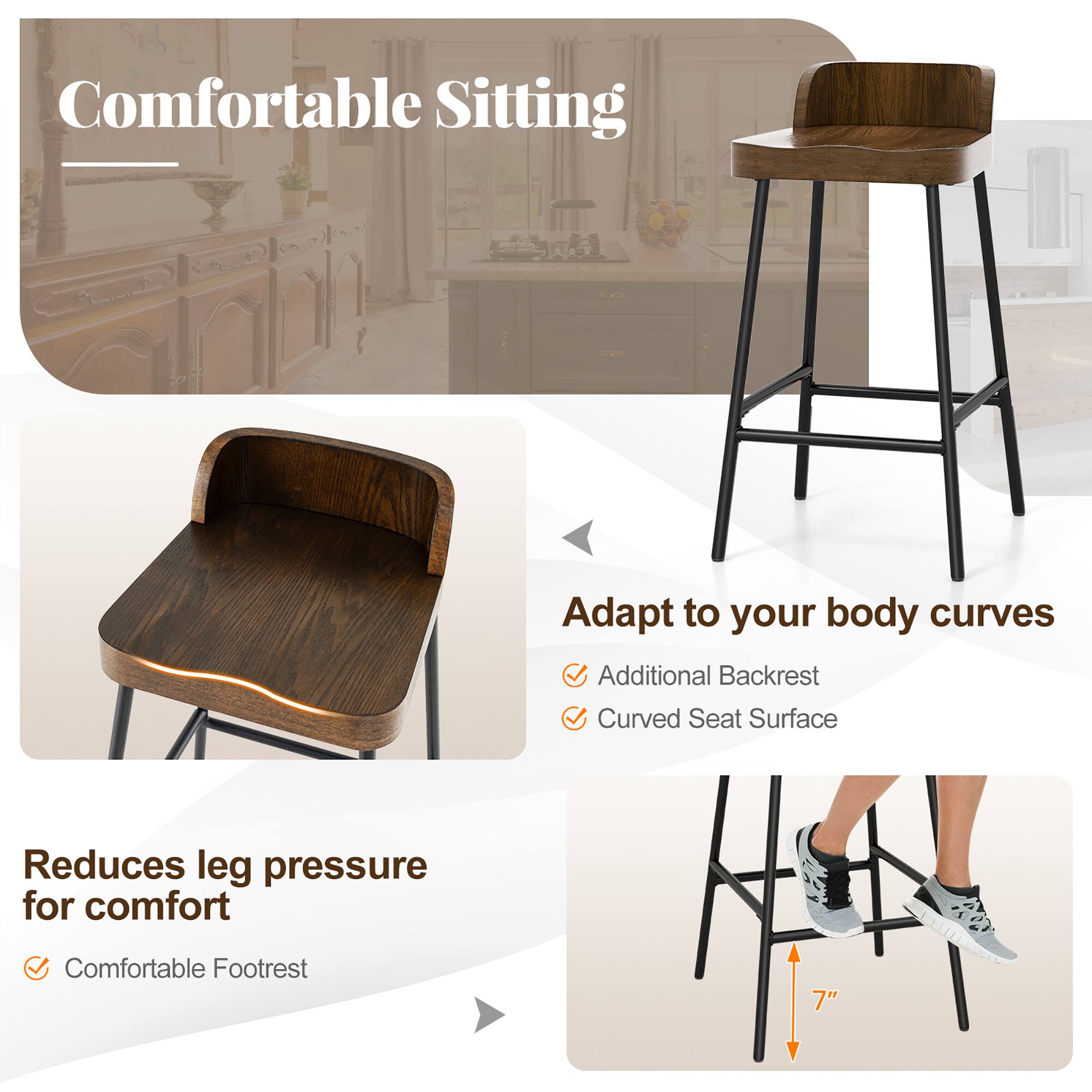 Comfortable Sitting, Adapt to your body curves, Reduces leg pressure for comfort, Additional Backrest, Curved Seat Surface, Comfortable Footrest, 7"