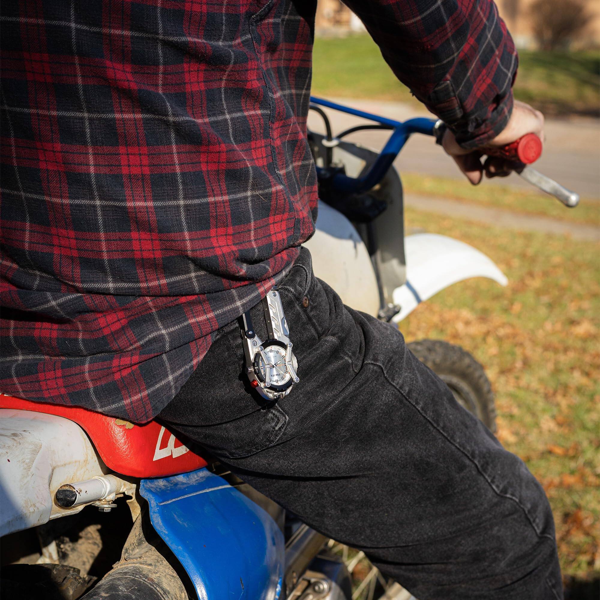 Alt View 4. Dakota - Multitool Clip Watch for Men–Silver|100ft Water Resistant Clip-On with LED Light, Bottle Opener, Screwdrive & Carabiner - Silver.