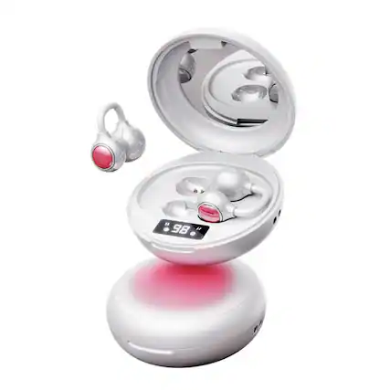 Front. RISOKEYS - Open-Ear Bluetooth Earbuds w/ Clear Call, Voice Control, LED Display, 36H Battery for Running, Commuting ,White.