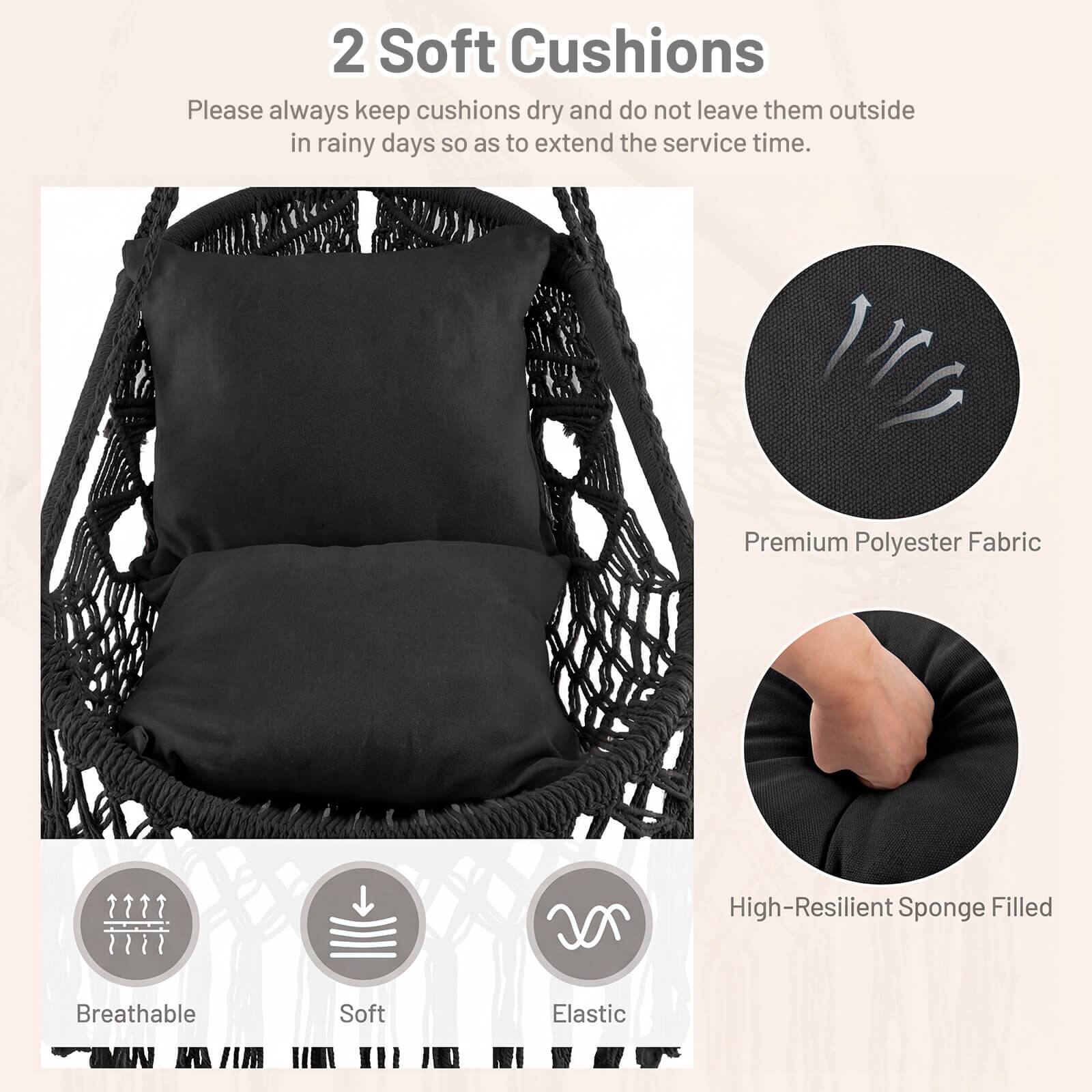 2 Soft Cushions

Please always keep cushions dry and do not leave them outside in rainy days so as to extend the service time.

Premium Polyester Fabric

High-Resilient Sponge Filled

Breathable

Soft

Elastic
