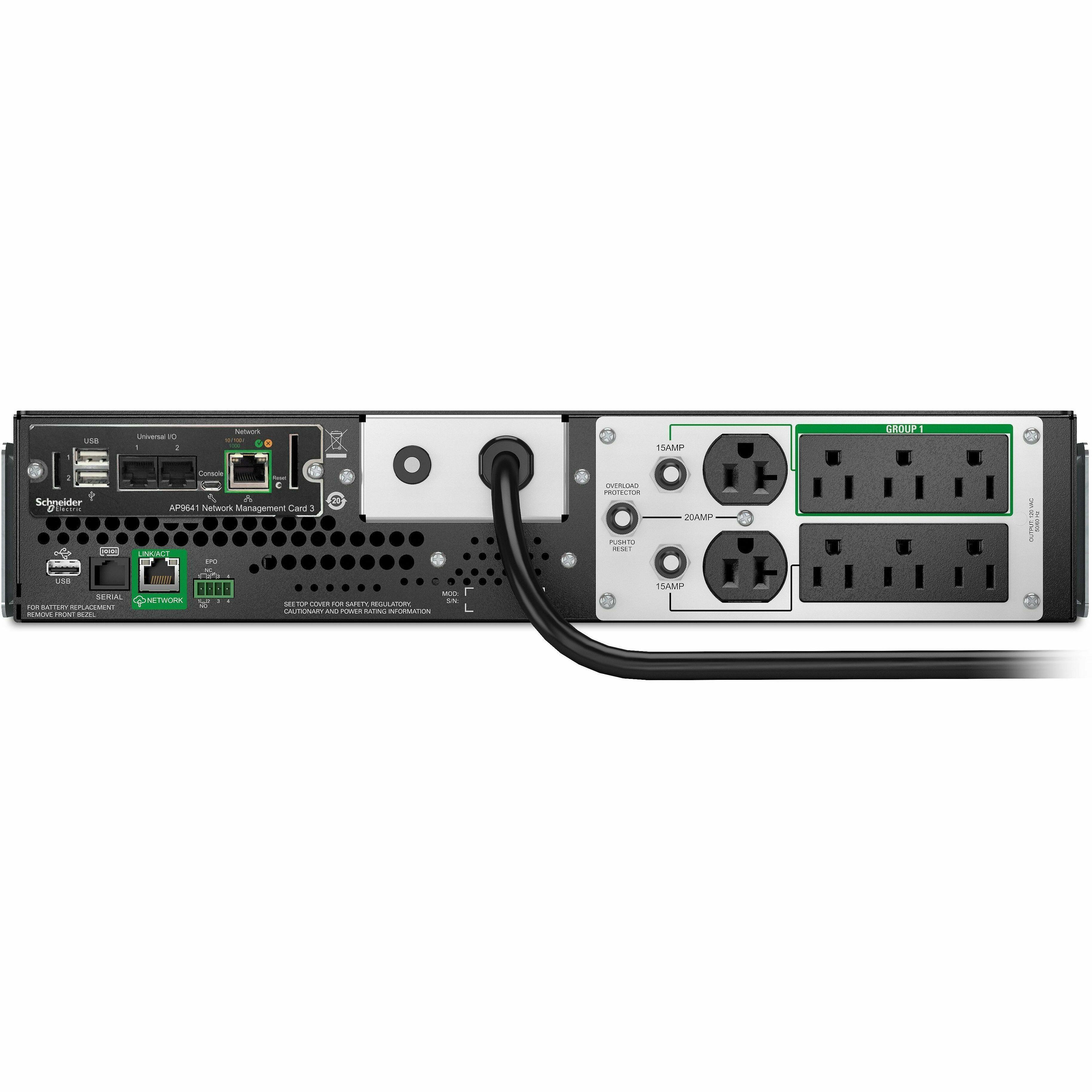 Sure, here is the corrected and grouped text from the image:

---

**Schneider Electric**

**AP964T Network Management Card 3**

- USB
- Universal I/O
- Network
- Console
- LINK/ACT
- SERIAL
- EPO
- USB
- FOR BATTERY REPLACEMENT REMOVE FRONT BEZEL
- LINK/ACT
- EPO
- USB
- FOR BATTERY REPLACEMENT REMOVE FRONT BEZEL
- SET TO COVER FOR SAFETY ISOLATION
- MOD
- SN

**GROUP 1**

- 15AMP
- 20AMP
- 15AMP
- 15AMP
- 15AMP
- 15AMP
- 15AMP
- 15AMP
- 15AMP
- 15AMP
- 15AMP
- 15AMP
- 15AMP
- 15AMP
- 15AMP
- 15AMP
- 15AMP
- 15AMP
- 15AMP
- 15AMP
- 15AMP
- 15AMP
- 15AMP
