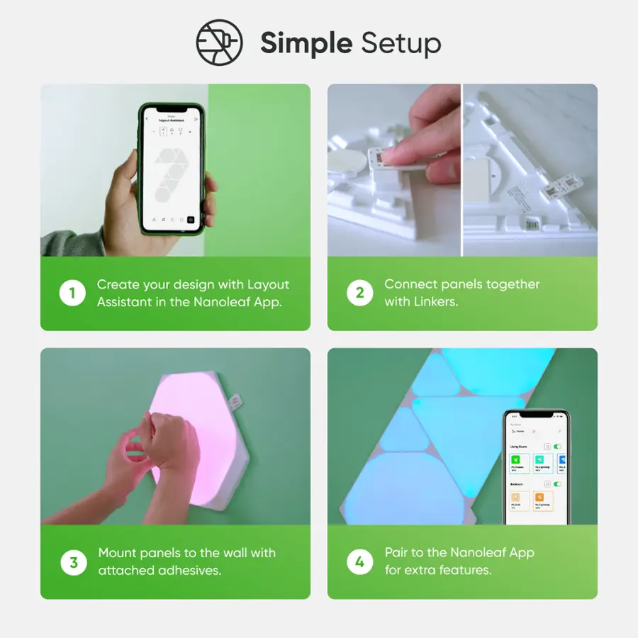 Simple Setup -

1. Create your design with Layout Assistant in the Nanoleaf App.
2. Connect panels together with Linkers.
3. Mount panels to the wall with attached adhesives.
4. Pair to the Nanoleaf App for extra features.