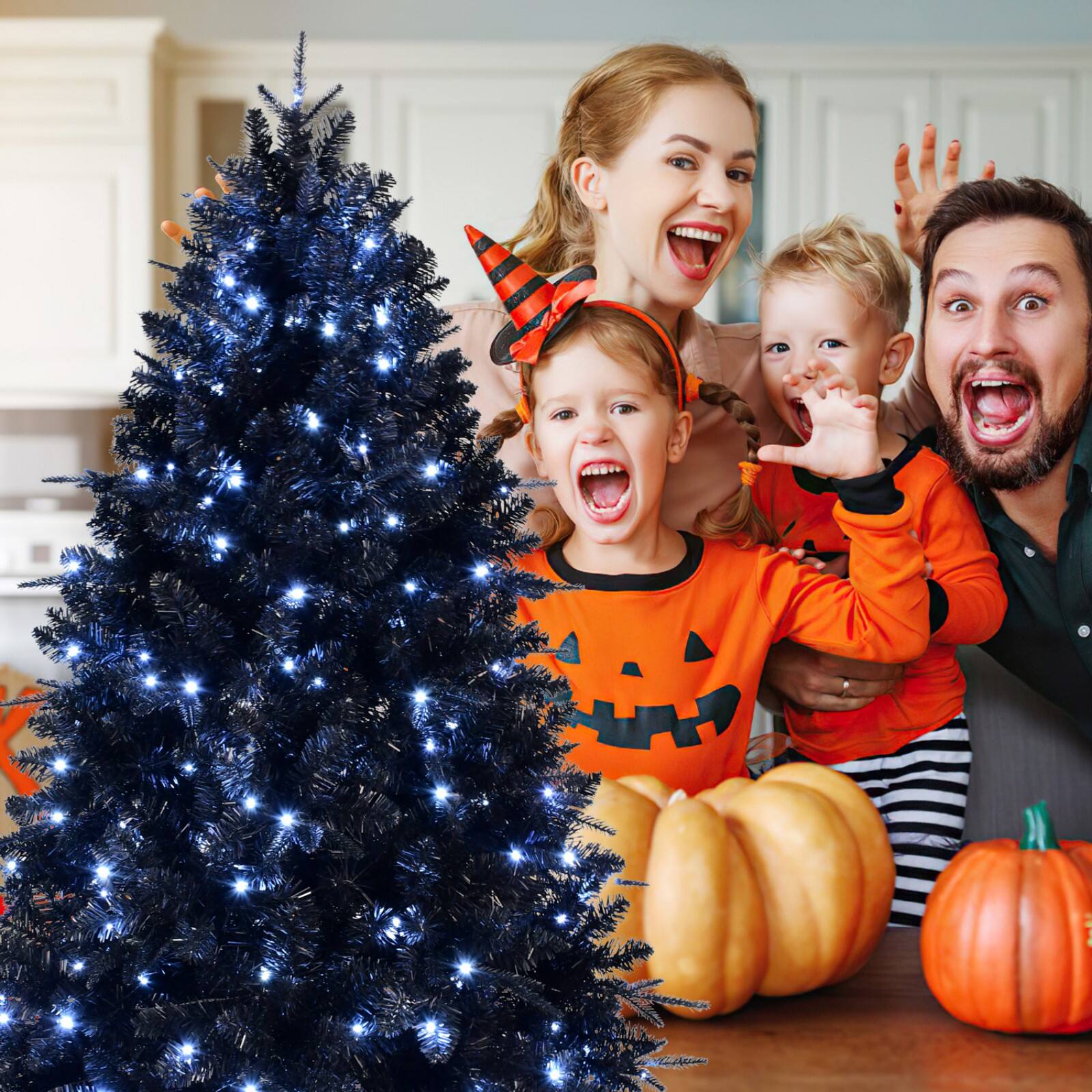 Alt View 9. Ecooso - 5ft Christmas Tree with 250 White LED Lights, 1076 Tips PE+PVC Artificial Tree, Hinged Structure with Stable Metal Stand - Black.