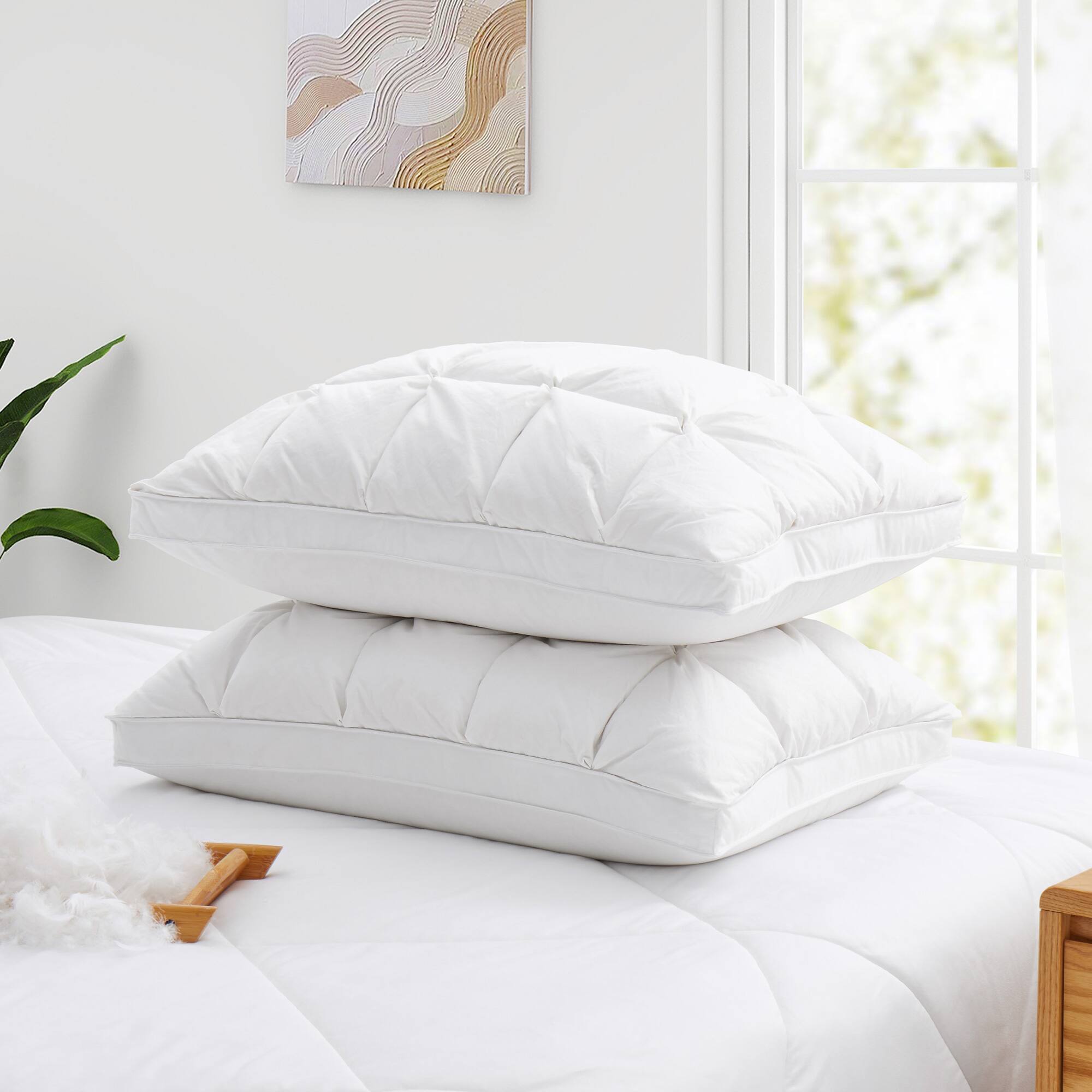 Angle. Puredown - Puredown 2 Pack Luxury Puffy Gusseted Down Bed Pillows with Pinch Pleat Design, Standard/Queen - White.