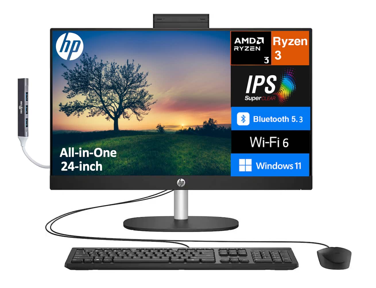 HP - 24 All-in-One 23.8 FHD (AMD Ryzen 3 7320U, 8GB LPDDR5, 1TB PCIe SSD, AMD Radeon, Win 11 Pro) w/USB Hub - Jet Black