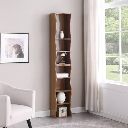 Front. HTUTWOO - 8-Tier Adjustable Bookshelf, Ultra-Thin Space-Saving Storage Shelf, Stable Display Shelf, for Bedroom, Living Room - Brown.