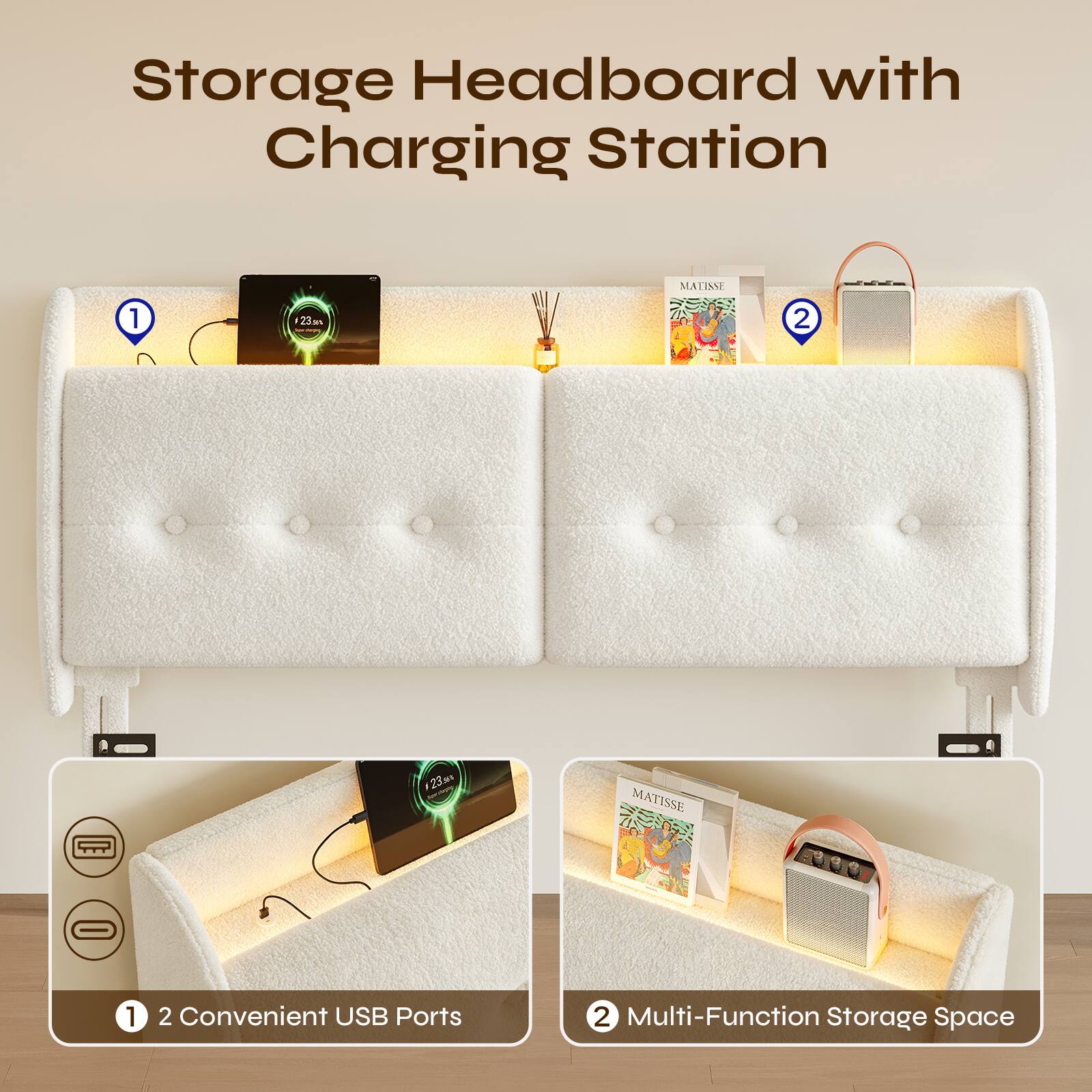 Storage Headboard with Charging Station

1. 2 Convenient USB Ports
2. Multi-Function Storage Space