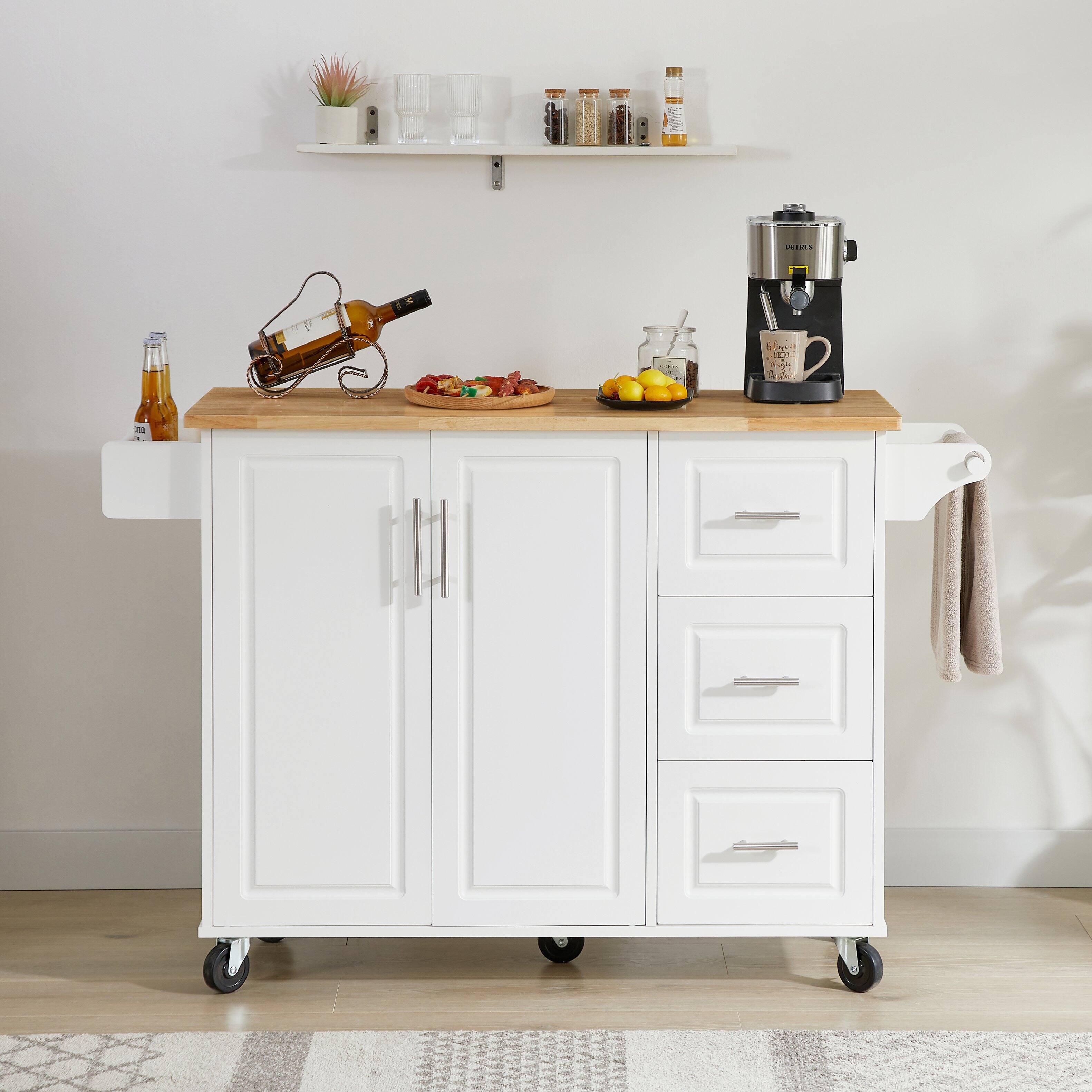 Alt View 9. Ecooso - Kitchen Island with Drop Leaf Countertop, Rolling Cart, Barn Door Storage Cabinet, Towel Rack, on Wheels for Kitchen - White.