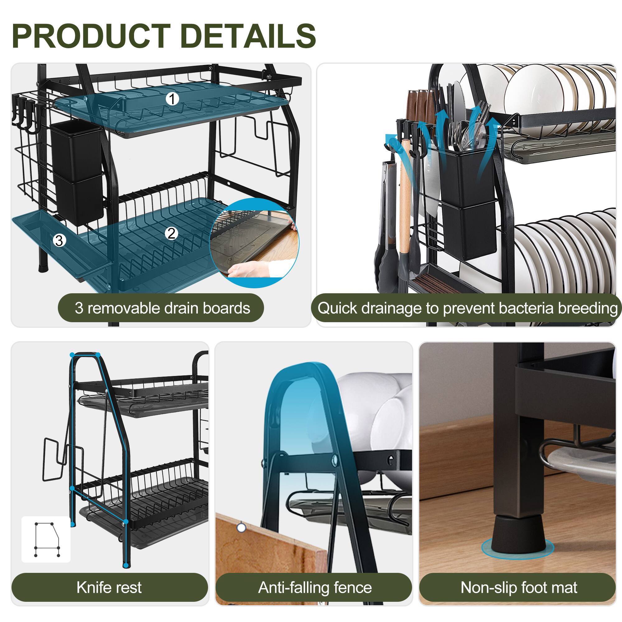 PRODUCT DETAILS

1. 3 removable drain boards
2. Quick drainage to prevent bacteria breeding
3. Knife rest
4. Anti-falling fence
5. Non-slip foot mat