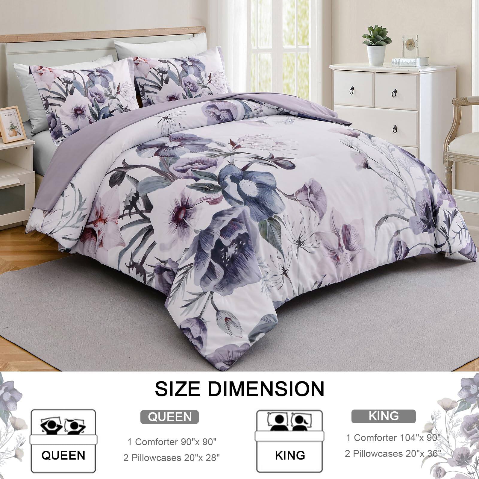 **SIZE DIMENSION**

**QUEEN**
- 1 Comforter 90"x 90"
- 2 Pillowcases 20"x 28"

**KING**
- 1 Comforter 104"x 90"
- 2 Pillowcases 20"x 36"