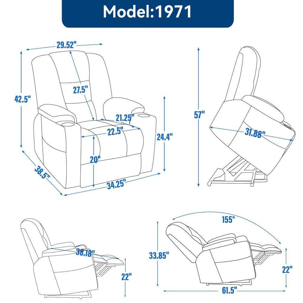 Model: 1971  
29.52"  
42.5"  
27.5"  
21.25"  
22.5"  
24.4"  
57"  
31.88"  
38.5"  
20"  
34.25"  
155°  
38.18"  
33.85"  
61.5"  
22"