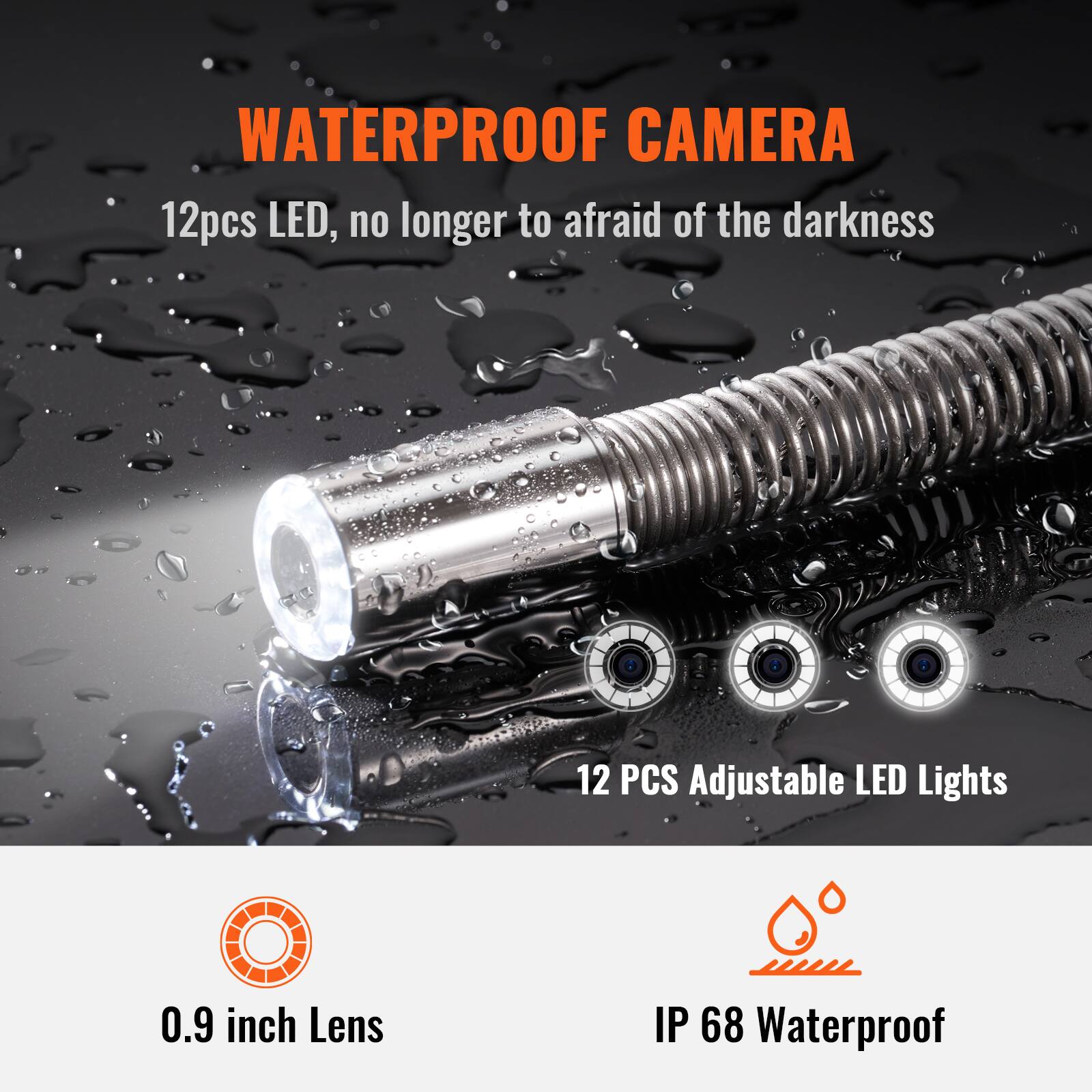 WATERPROOF CAMERA

12pcs LED, no longer to afraid of the darkness

12 PCS Adjustable LED Lights

0.9 inch Lens

IP 68 Waterproof