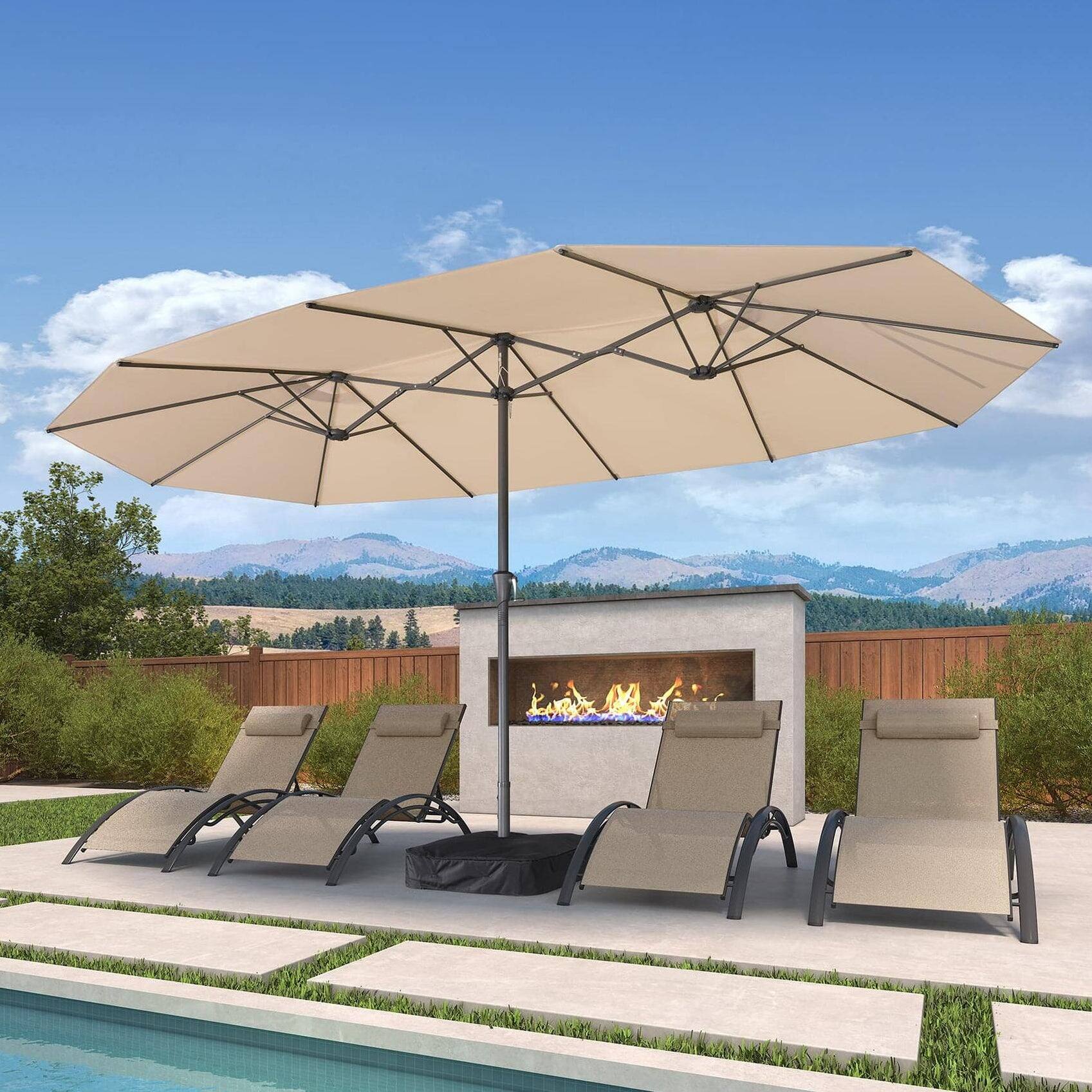 PURPLE LEAF - 15 ft. Patio Market Umbrella with Base Double-Sided Outdoor Table Sun Umbrellas with Crank for Pool Beach Deck Backyard - Beige