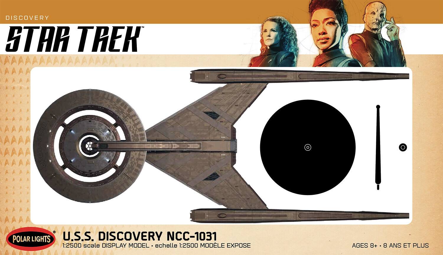 DISCOVERY  
STAR TREK  

U.S.S. DISCOVERY NCC-1031  
1:2500 scale DISPLAY MODEL  
echelle 1:2500 MODÈLE EXPOSÉ  
AGES 8+ • 8 ANS ET PLUS  

POLAR LIGHTS