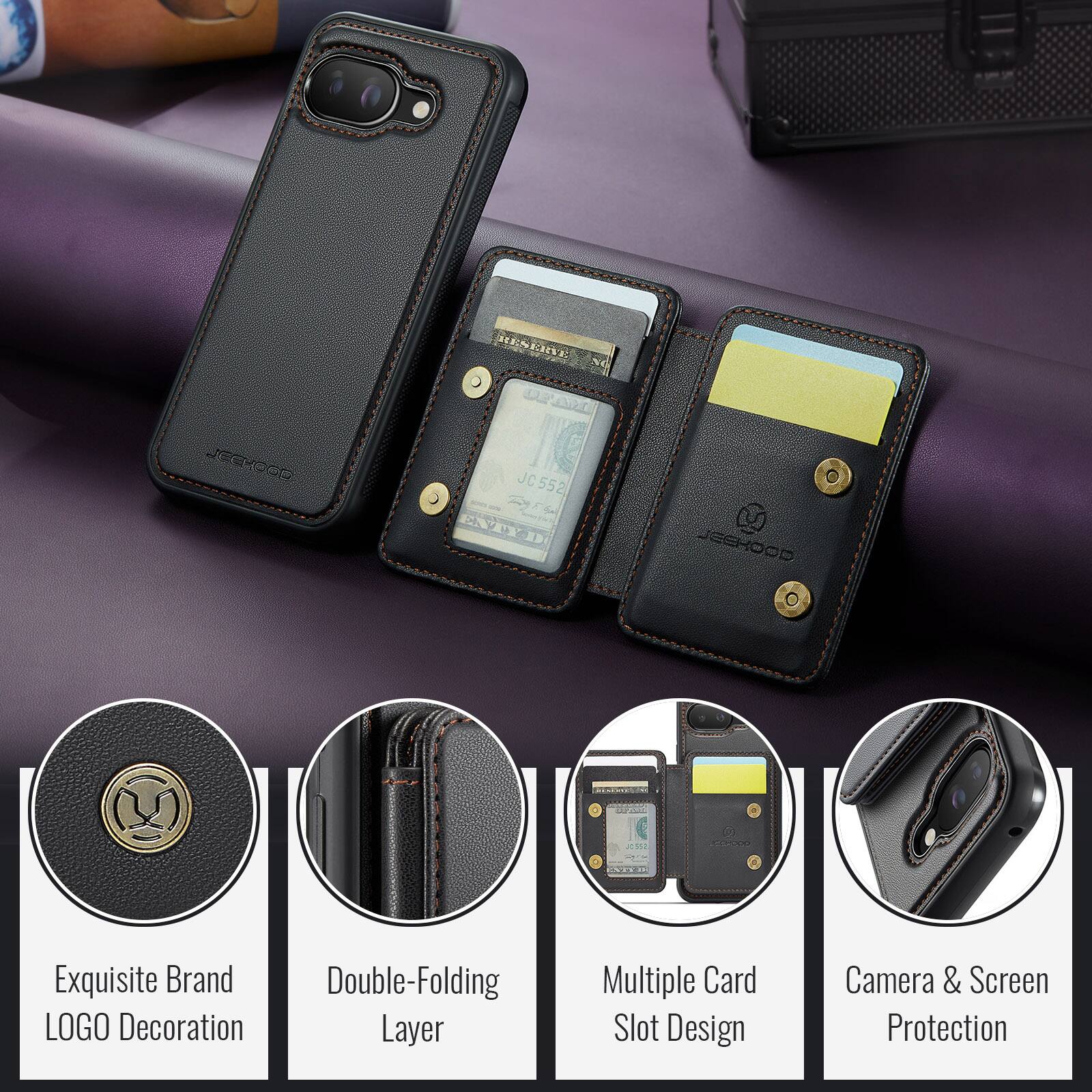 KRVE Nel dea JECHOOD JEE JC JC552  
Sa ENTED JESROOD -  
Exquisite Brand Double-Folding LOGO Decoration Layer Multiple Card Slot Design Camera & Screen Protection