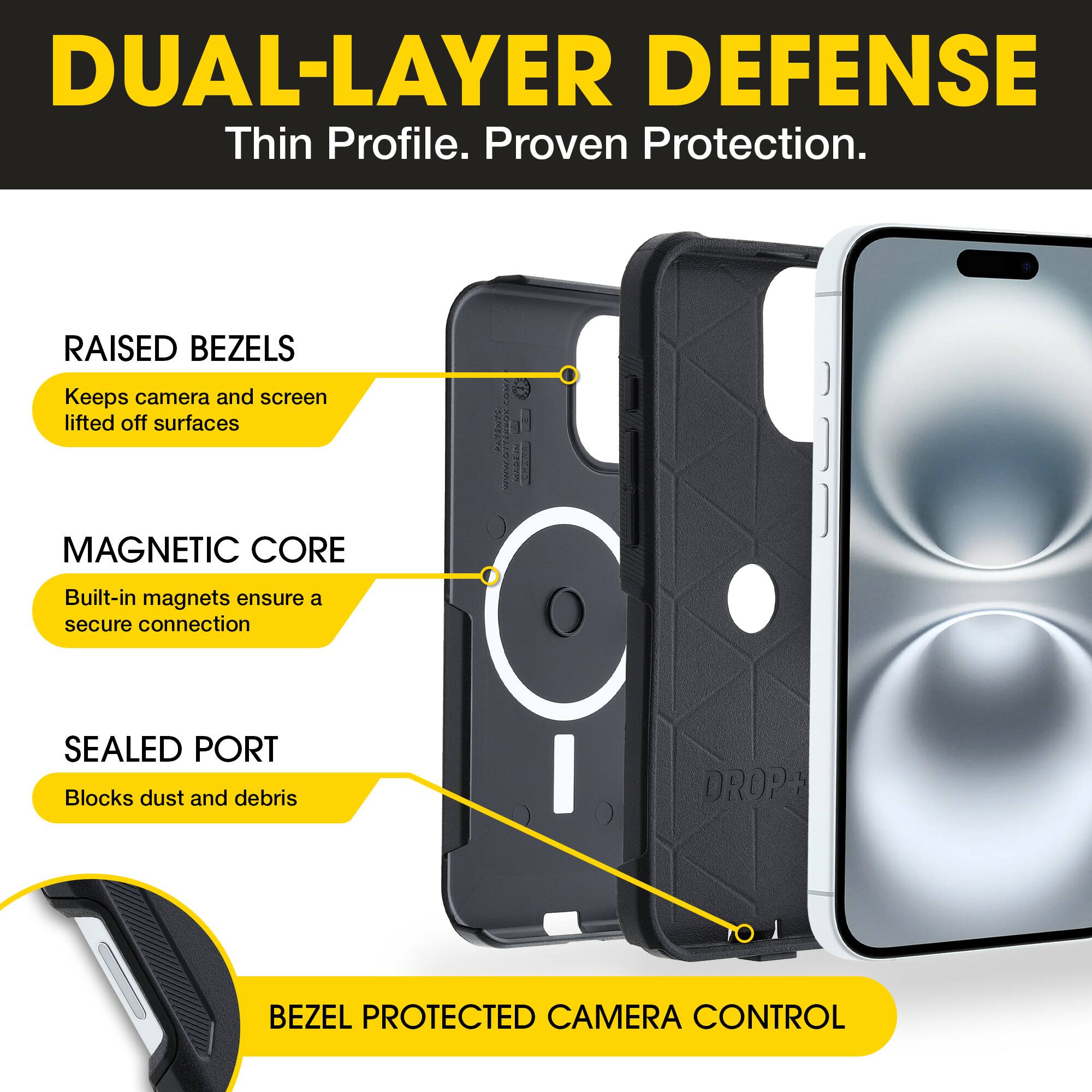 DUAL-LAYER DEFENSE  
Thin Profile. Proven Protection.

- RAISED BEZELS  
  Keeps camera and screen lifted off surfaces

- MAGNETIC CORE  
  Built-in magnets ensure a secure connection

- SEALED PORT  
  Blocks dust and debris

- BEZEL PROTECTED CAMERA CONTROL